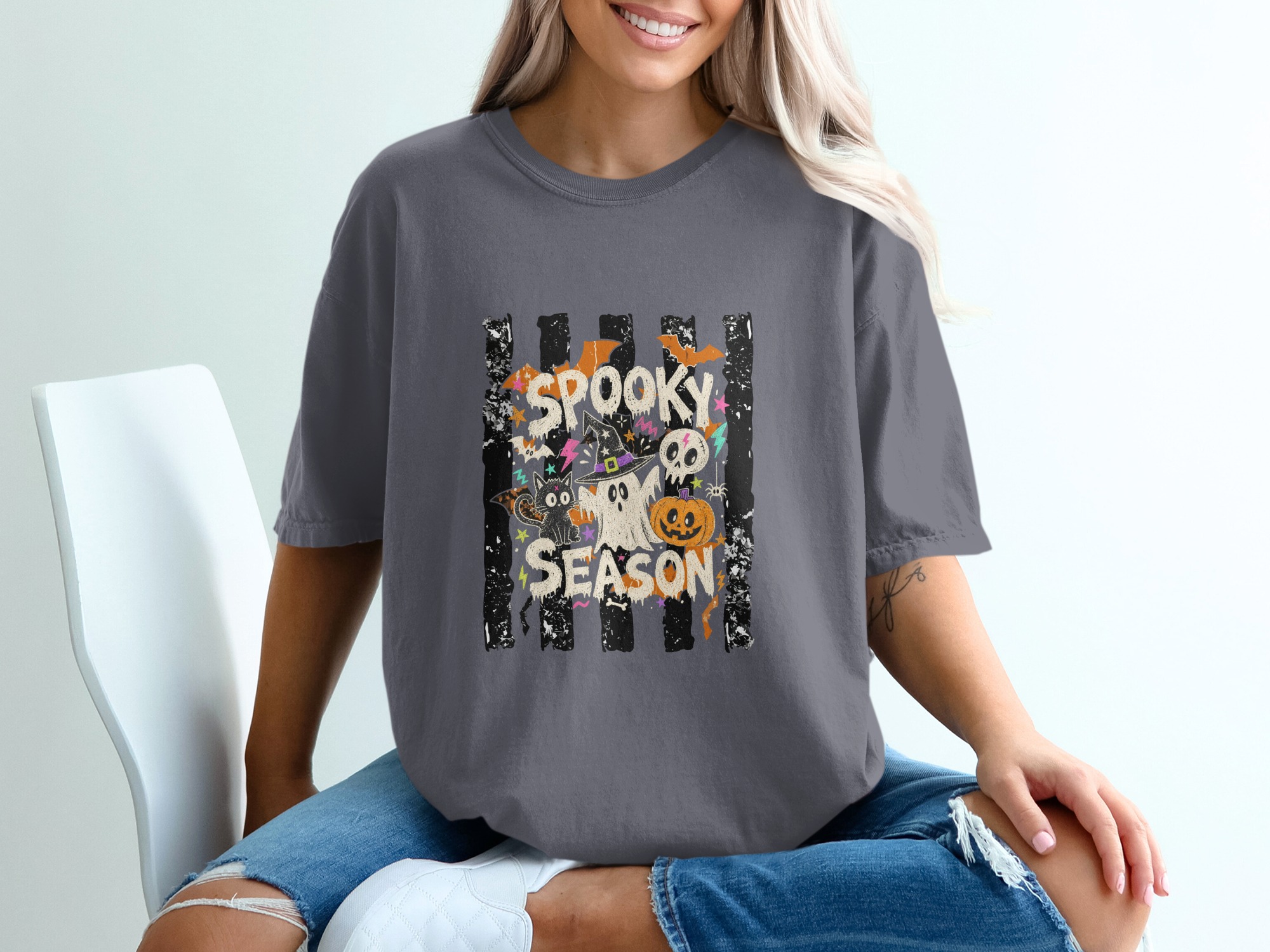Spooky Season Halloween T-Shirt, Cute Ghost Bat Pumpkin Tee, Witchy Black Cat Skull Top, Fall Autumn Holiday Shirt Gift Idea - Image 2