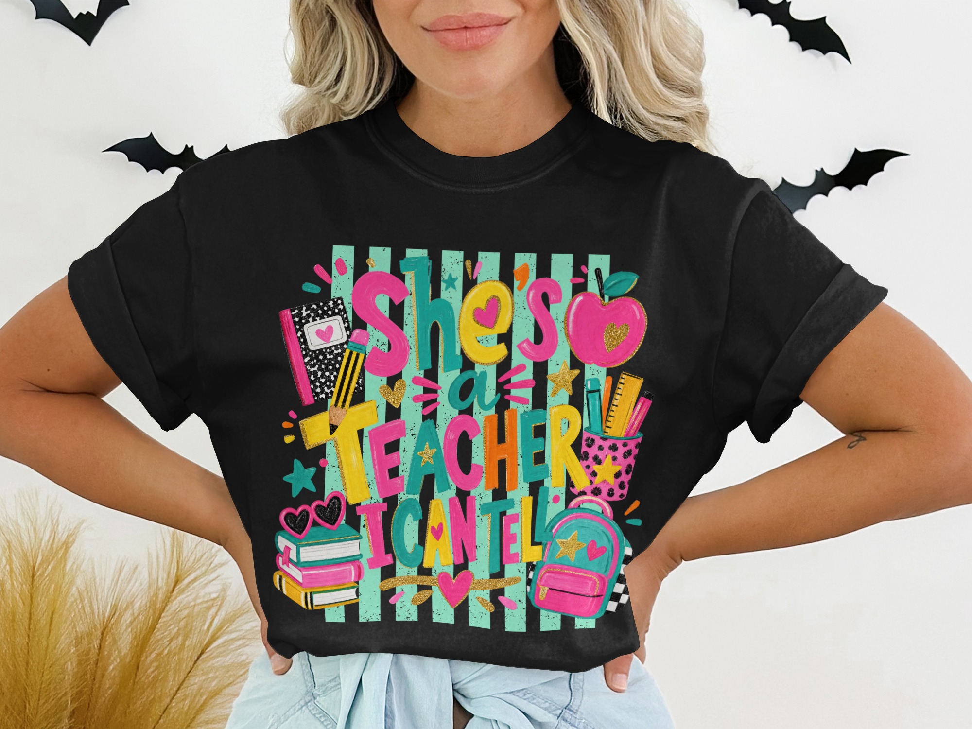 She's A Teacher I Can Tell T-Shirt | Back to School Cute Teacher Appreciation Gift | Funny Educator Life Shirt | Colorful Retro Style
