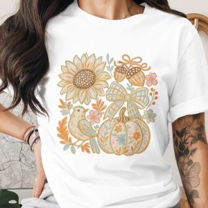 Comfort Colors ® Fall Aesthetic T-Shirt, Boho Pumpkin Patch Tee with Sunflower Bird Acorns & Plaid Bow Fall Shirt