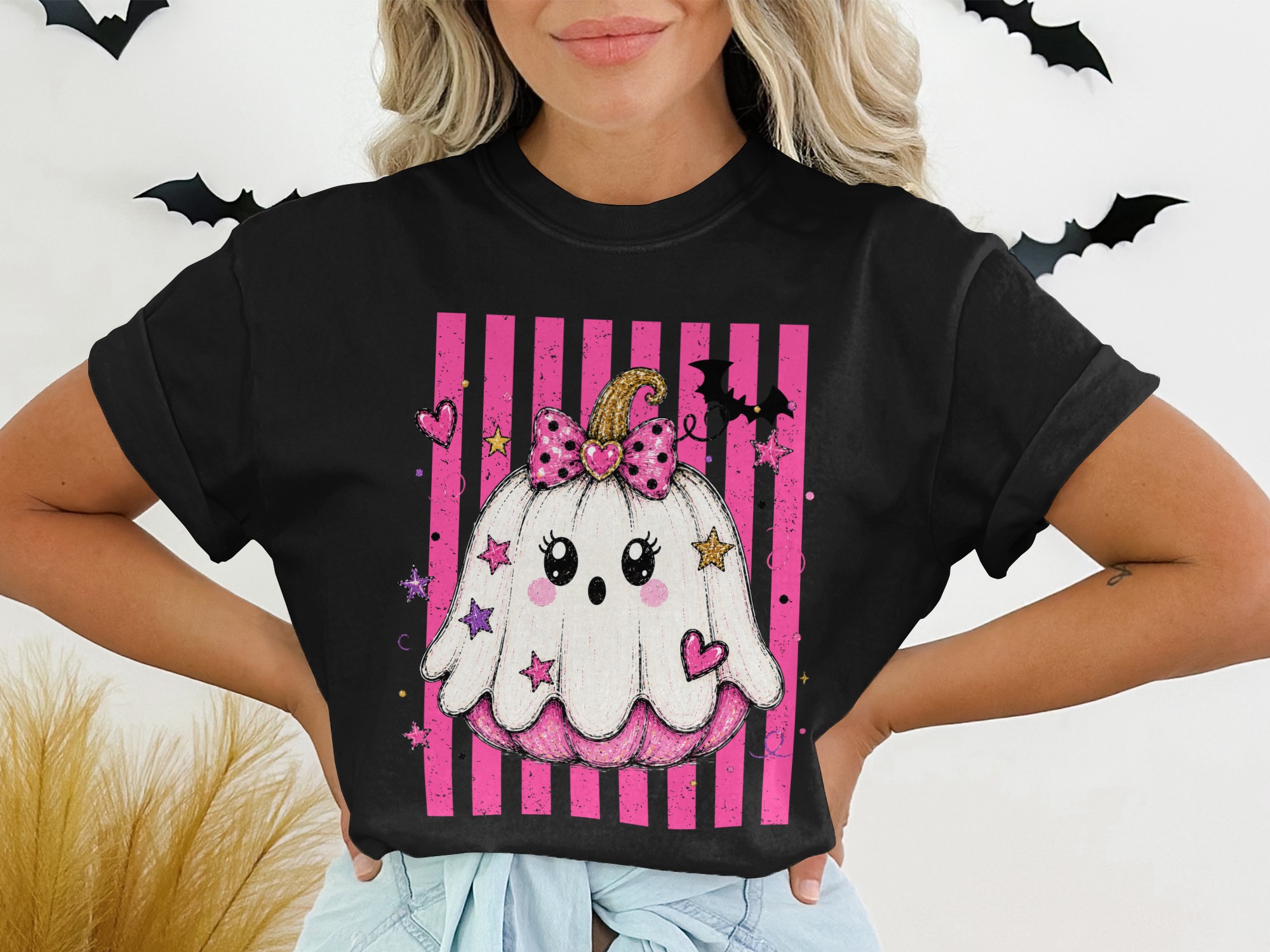 Cute Ghost Pumpkin Halloween Shirt, Spooky Kawaii Pumpkin T-Shirt, Pink Goth Halloween Tee, Trick or Treat Top - Image 2