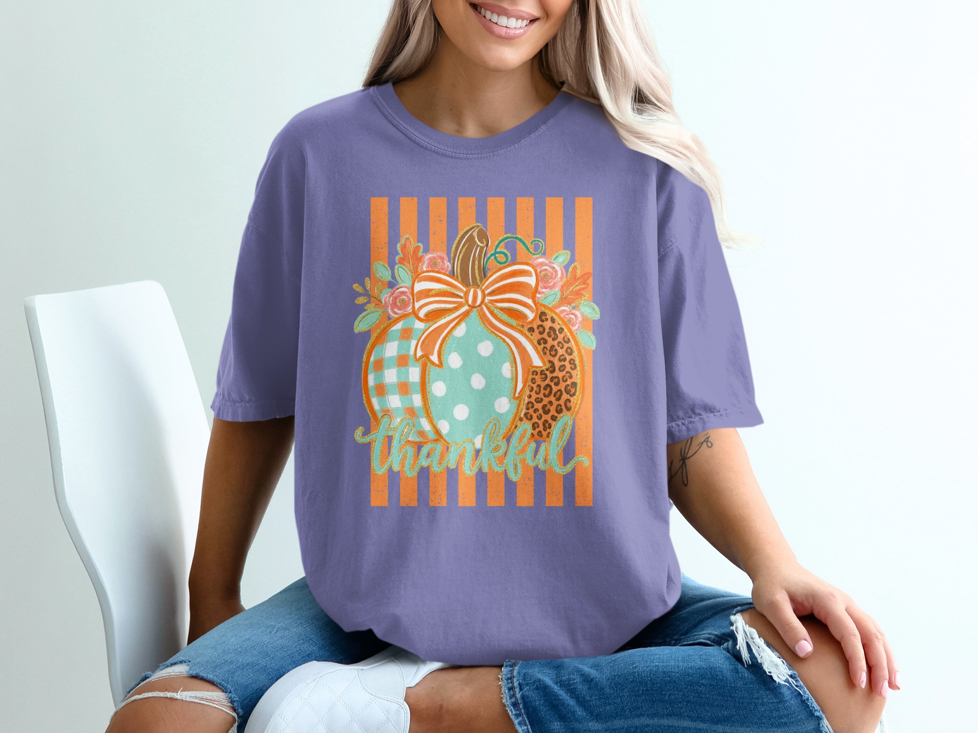 Thankful Pumpkin Patch Fall T-Shirt, Boho Leopard Gingham Polka Dot Autumn Harvest Thanksgiving Graphic Tee for Women - Image 5