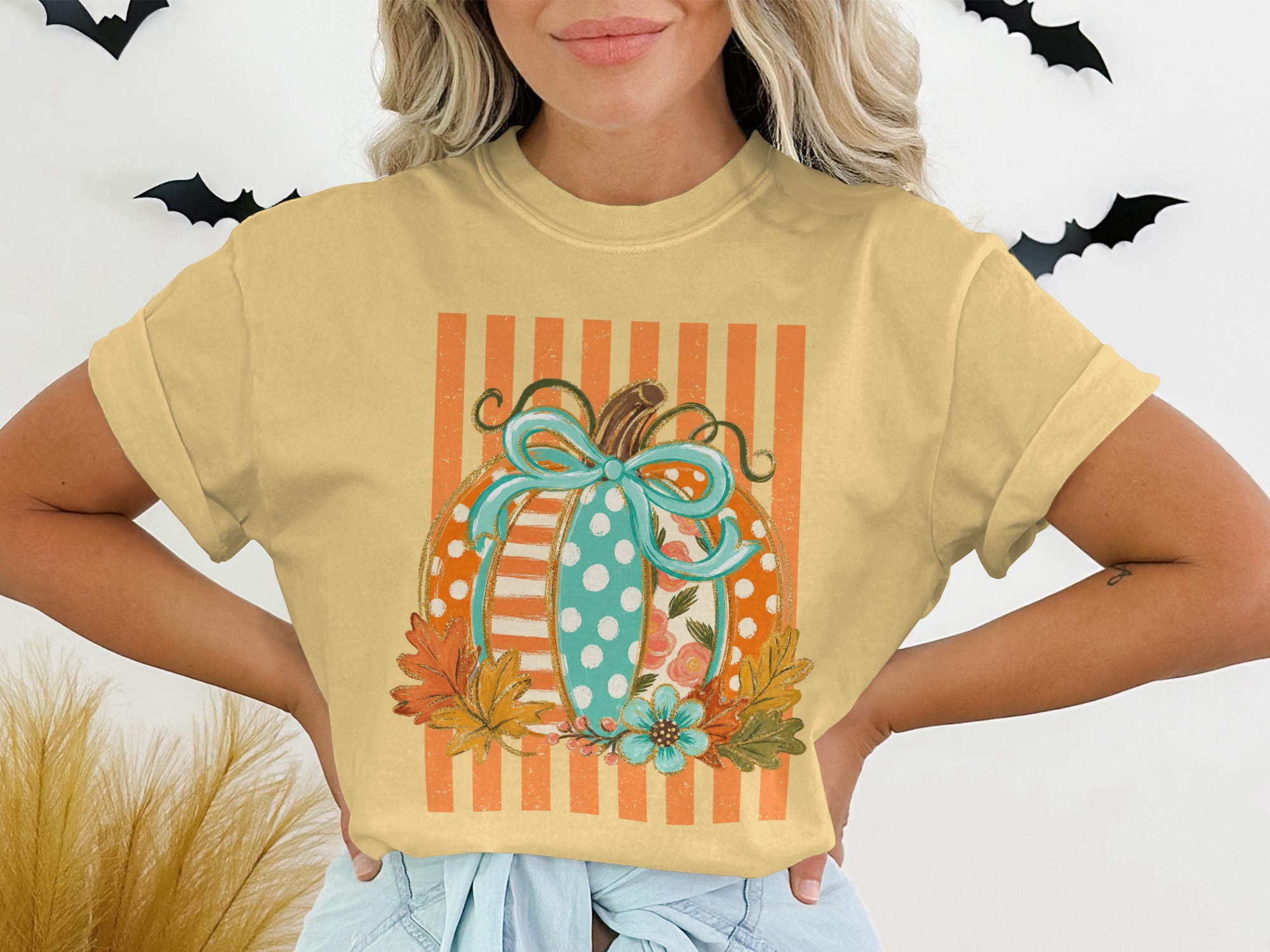 Whimsical Pumpkin T-Shirt, Cute Fall Graphic Tee, Boho Polka Dot Floral Autumn Shirt, Thanksgiving Harvest Top, Cozy Festive Apparel Gift - Image 13
