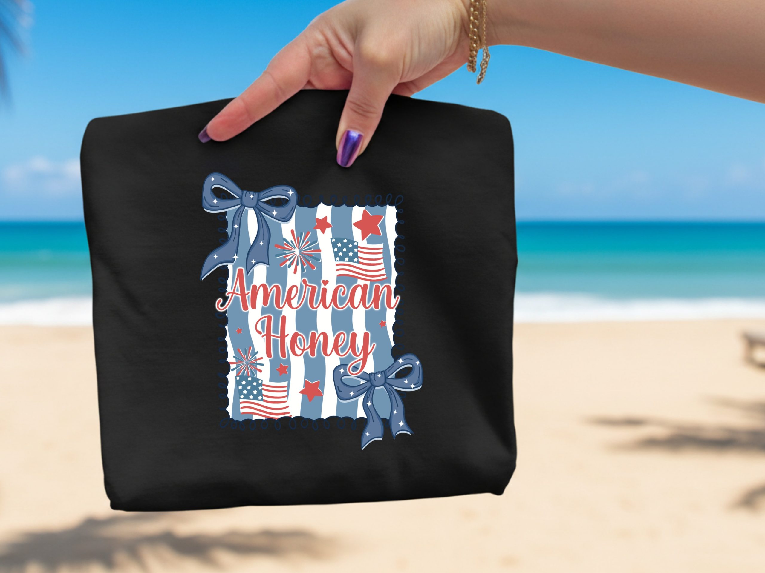 American Honey Patriotic T-Shirt, 4th of July Independence Day Tee, Red White Blue Stars & Stripes Summer Celebration Top - Image 2