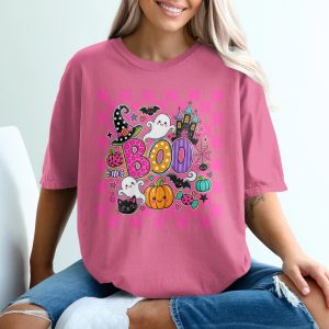 Cute Spooky Season Boo Shirt, Retro Halloween Graphic Tee, Pink Checkered Ghost Pumpkin Bat T-Shirt for Women