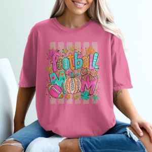 Vibrant Football MOM T-Shirt with Leopard Print & Autumn Leaves | Boho Game Day Shirt for Fall Season | Unique Sports Mom Gifts