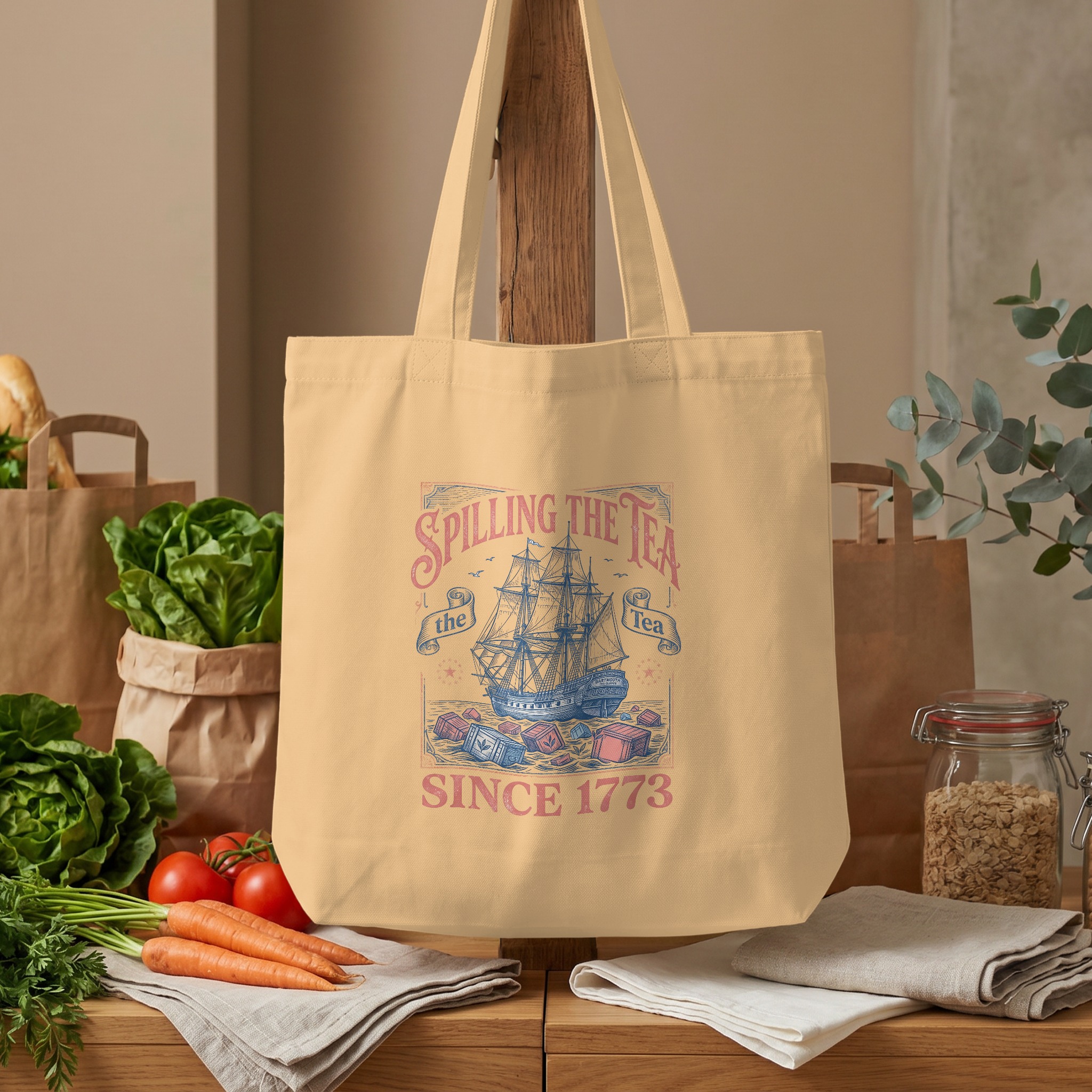 Spilling The Tea Since 1773 Tote Bag, Boston Tea Party Historic Ship Canvas Bag, Funny History Lover Gift, Vintage Graphic Book Bag - Image 4