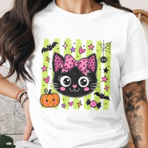 Comfort Colors ® Halloween Black Cat T-Shirt, Spooky Cute Kitty Tee, Pumpkin Bat Spider Shirt, Kawaii Pink Bow Cat