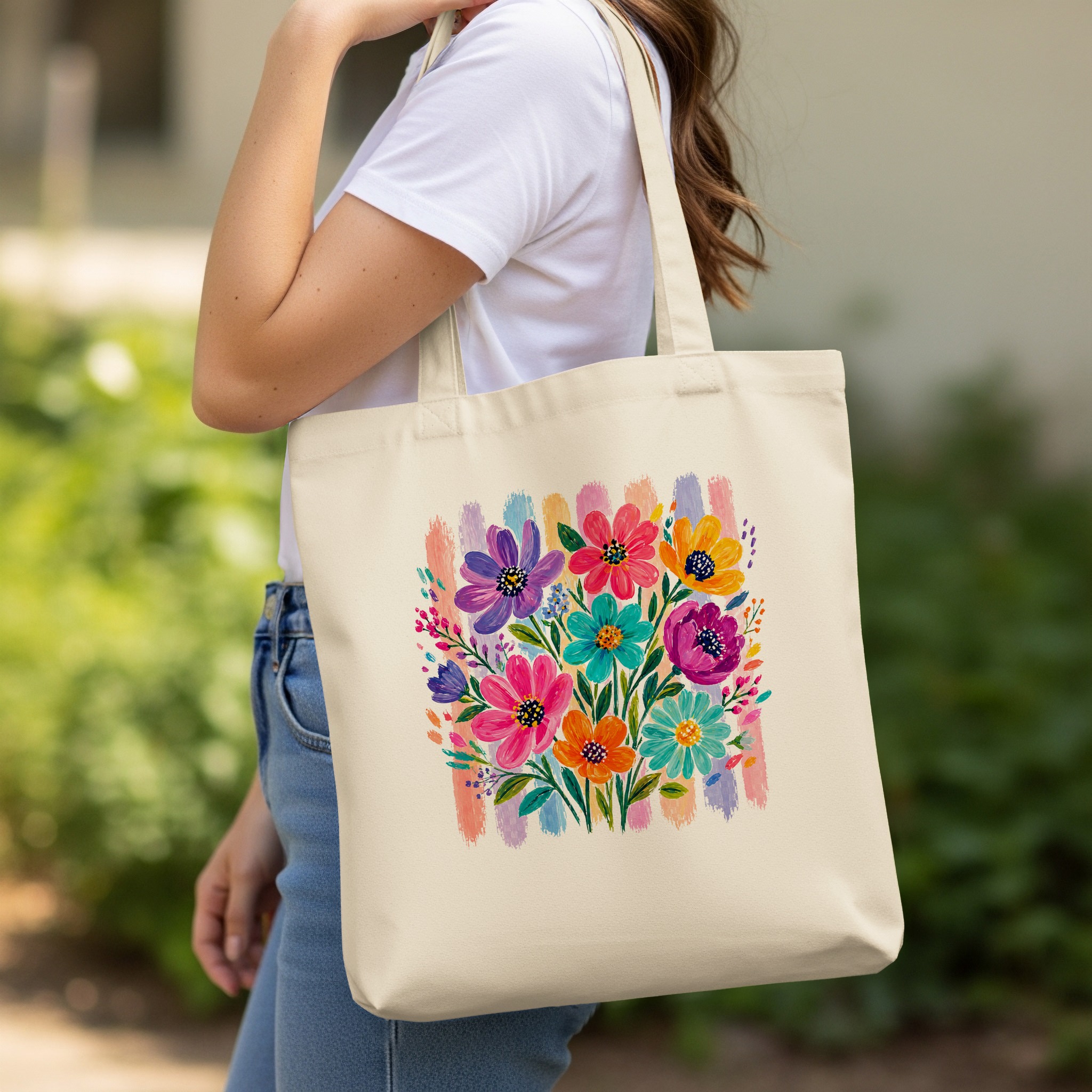 Vibrant Floral Tote Bag, Watercolor Boho Flower Market Shoulder Bag, Colorful Bloom Art Print Gift for Her, Everyday Chic Bag - Image 11