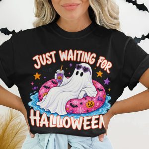 Cute Ghost T-Shirt | Just Waiting For Halloween Pool Float Shirt | Spooky Season Tee | Funny Ghost with Sunglasses | Fall Apparel