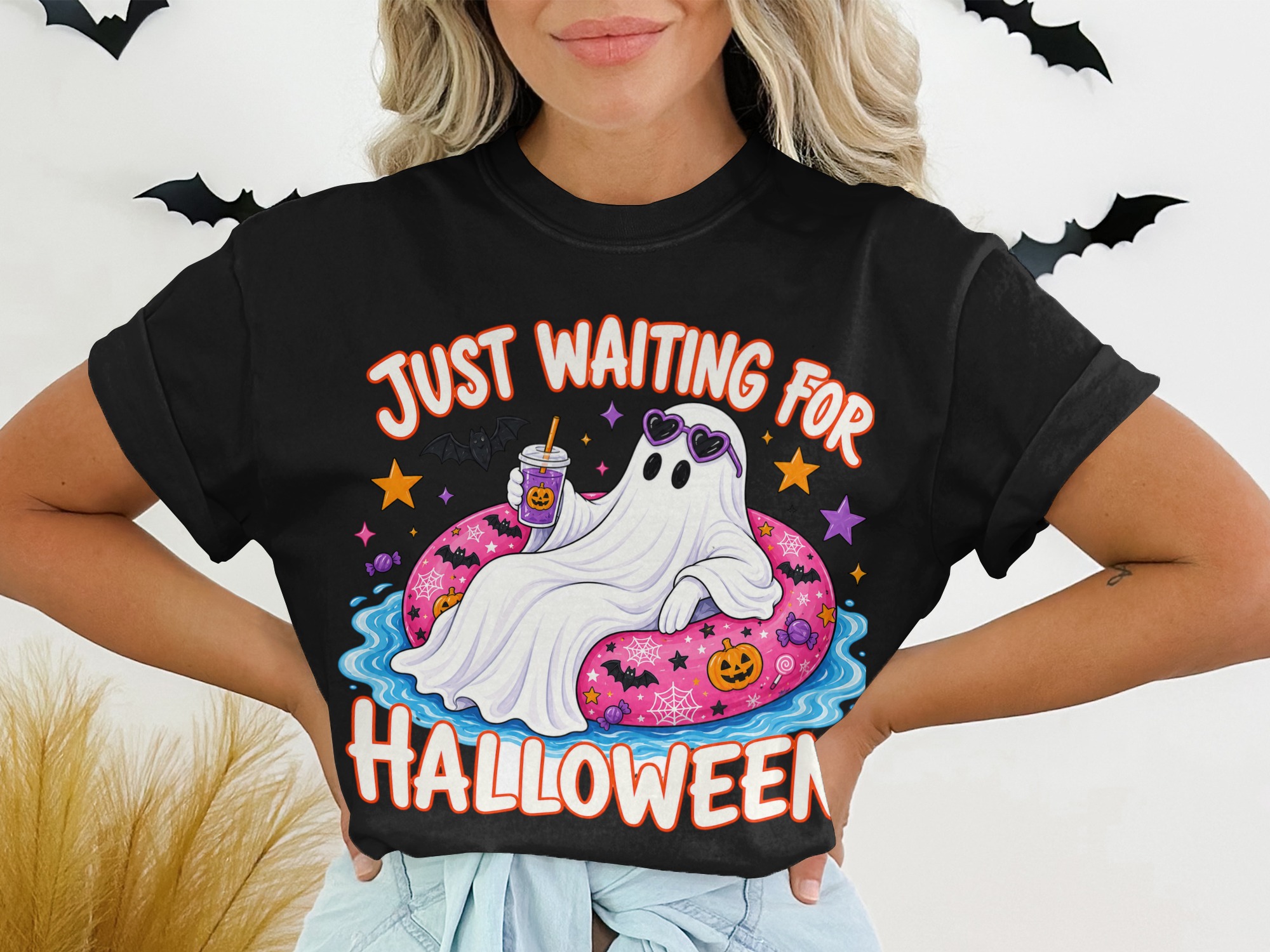 Cute Ghost T-Shirt | Just Waiting For Halloween Pool Float Shirt | Spooky Season Tee | Funny Ghost with Sunglasses | Fall Apparel