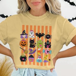 Cute Halloween T-Shirt, Spooky Season Witch Ghost Bat Pumpkin Cat Monster Graphic Tee, Fall Festival Trick or Treat October Apparel