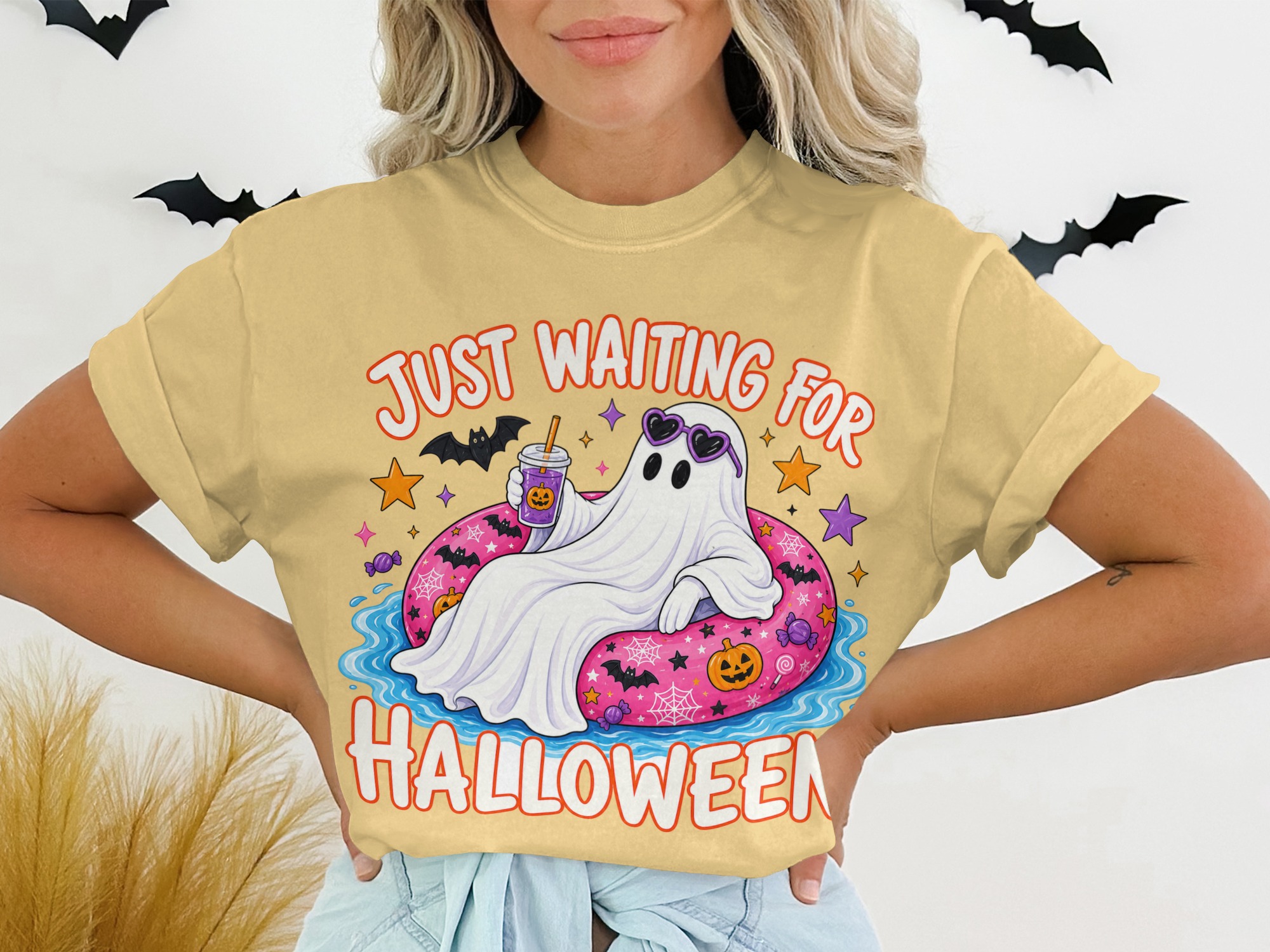 Cute Ghost T-Shirt | Just Waiting For Halloween Pool Float Shirt | Spooky Season Tee | Funny Ghost with Sunglasses | Fall Apparel - Image 7
