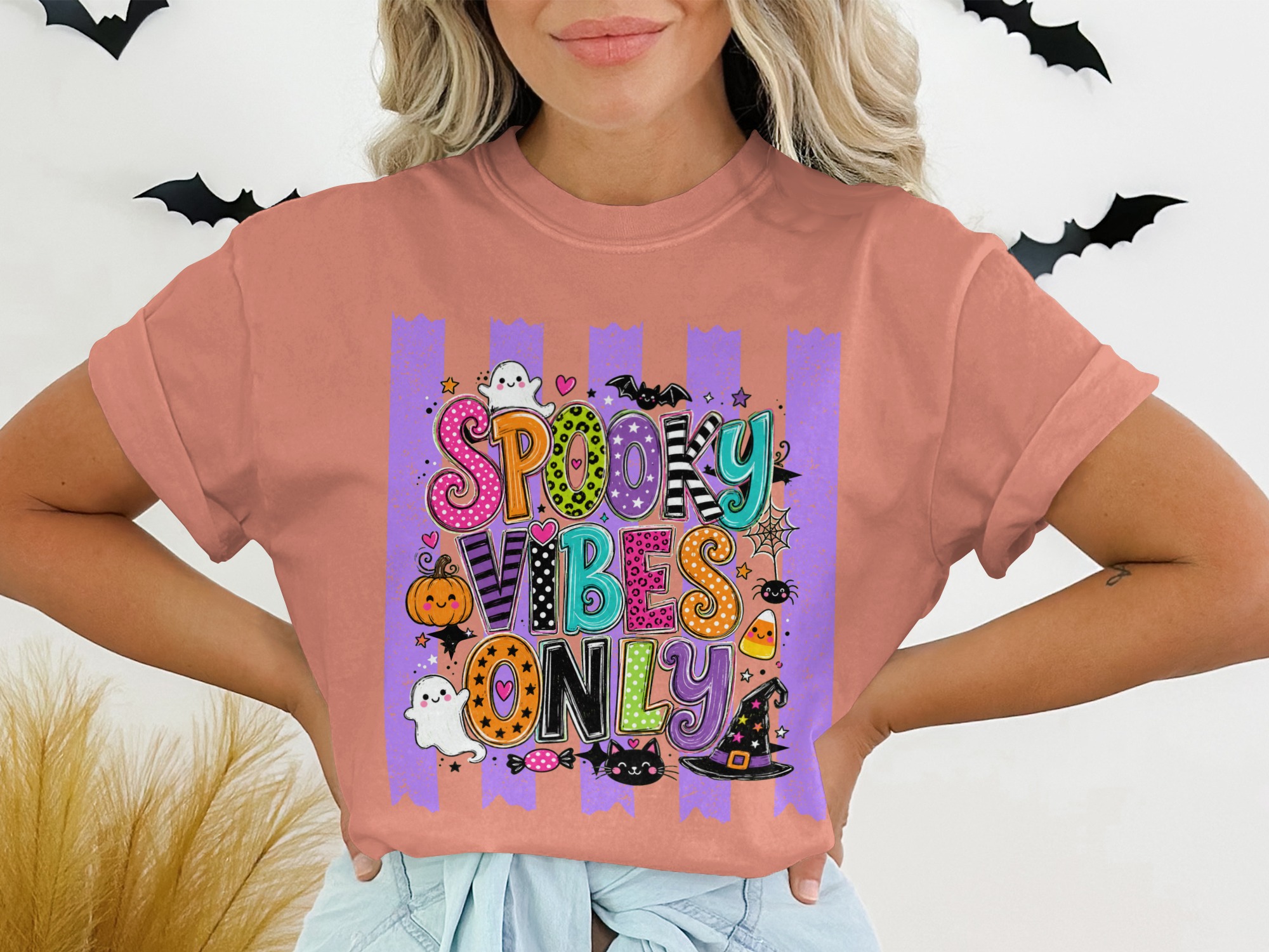 Spooky Vibes Only Halloween T-Shirt | Cute Fall Season Tee | Ghost Pumpkin Witch Hat Black Cat | Fun Holiday Top - Image 2
