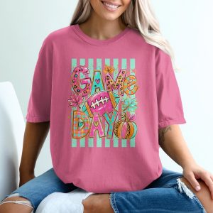 Vibrant Game Day Football T-Shirt | Cute Fall Season Leopard Plaid Print Pumpkins Tee | Trendy Pink & Orange Sports Fan Shirt for Women