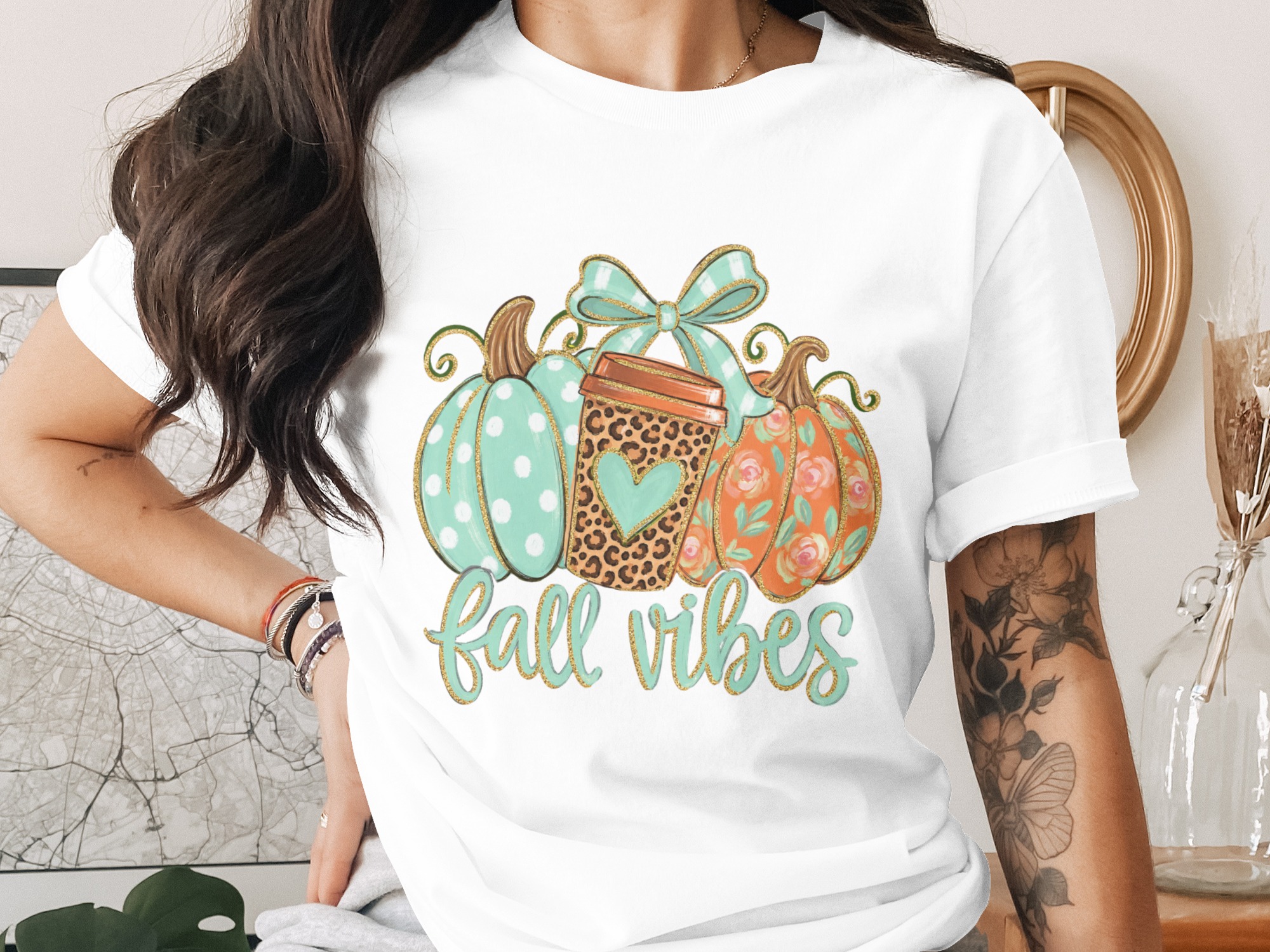 Comfort Colors ® Fall Vibes Pumpkin Leopard Coffee Floral T-Shirt, Cute Autumn Graphic Tee, Boho Cozy Seasonal Gift for Her