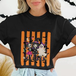 Halloween Besties Spooky Cute T-Shirt | Witch Skeleton Ghost Friends Graphic Tee | Women's Funny Fall Shirt Gift