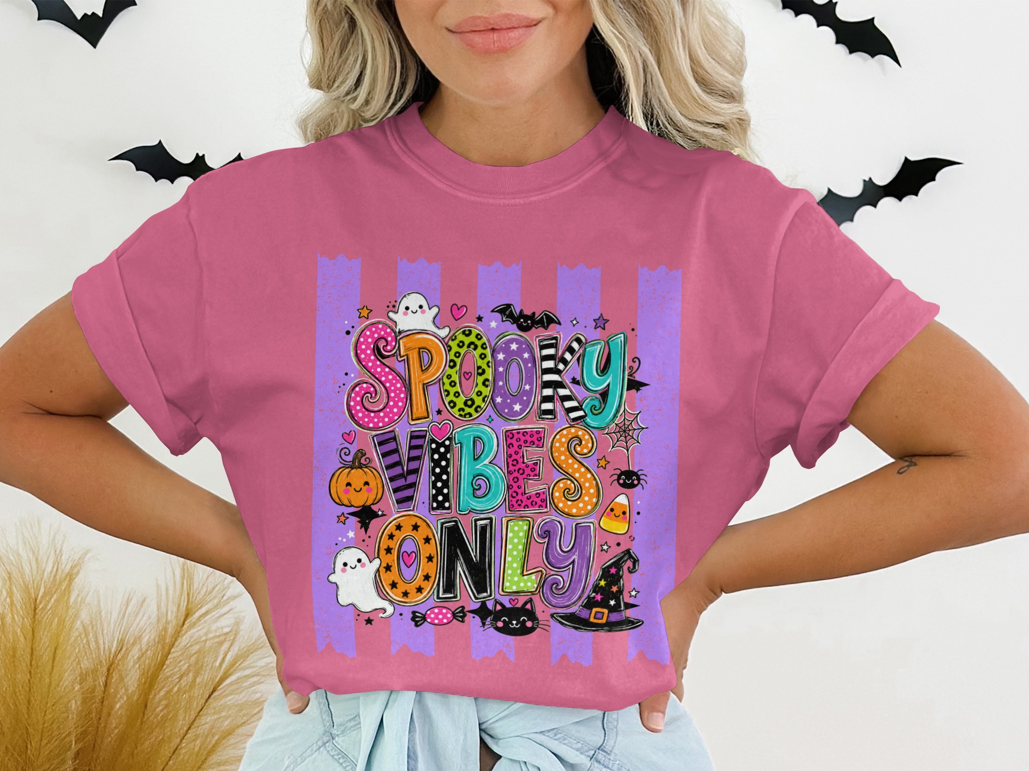 Spooky Vibes Only Halloween T-Shirt | Cute Fall Season Tee | Ghost Pumpkin Witch Hat Black Cat | Fun Holiday Top - Image 12