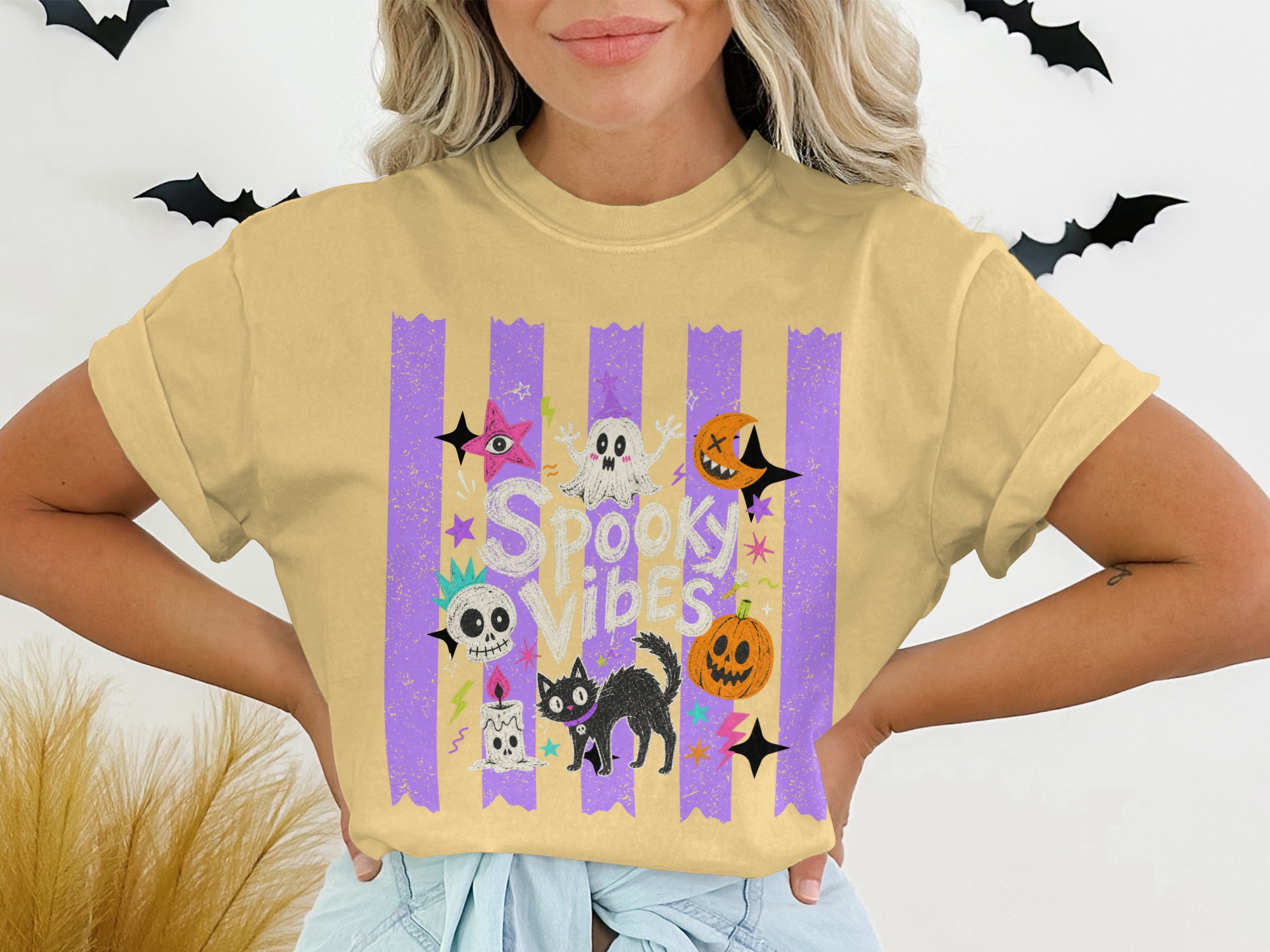 Spooky Vibes T-Shirt, Cute Ghost Black Cat Halloween Shirt, Whimsigoth Pastel Goth Aesthetic Pumpkin Skull T-Shirt, Retro Spooky Season Gift - Image 13