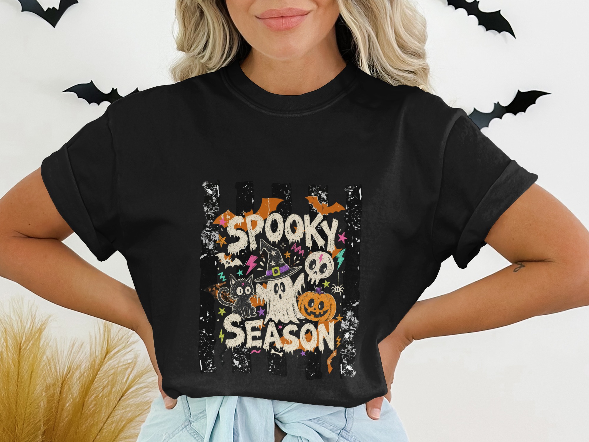 Spooky Season Halloween T-Shirt, Cute Ghost Bat Pumpkin Tee, Witchy Black Cat Skull Top, Fall Autumn Holiday Shirt Gift Idea