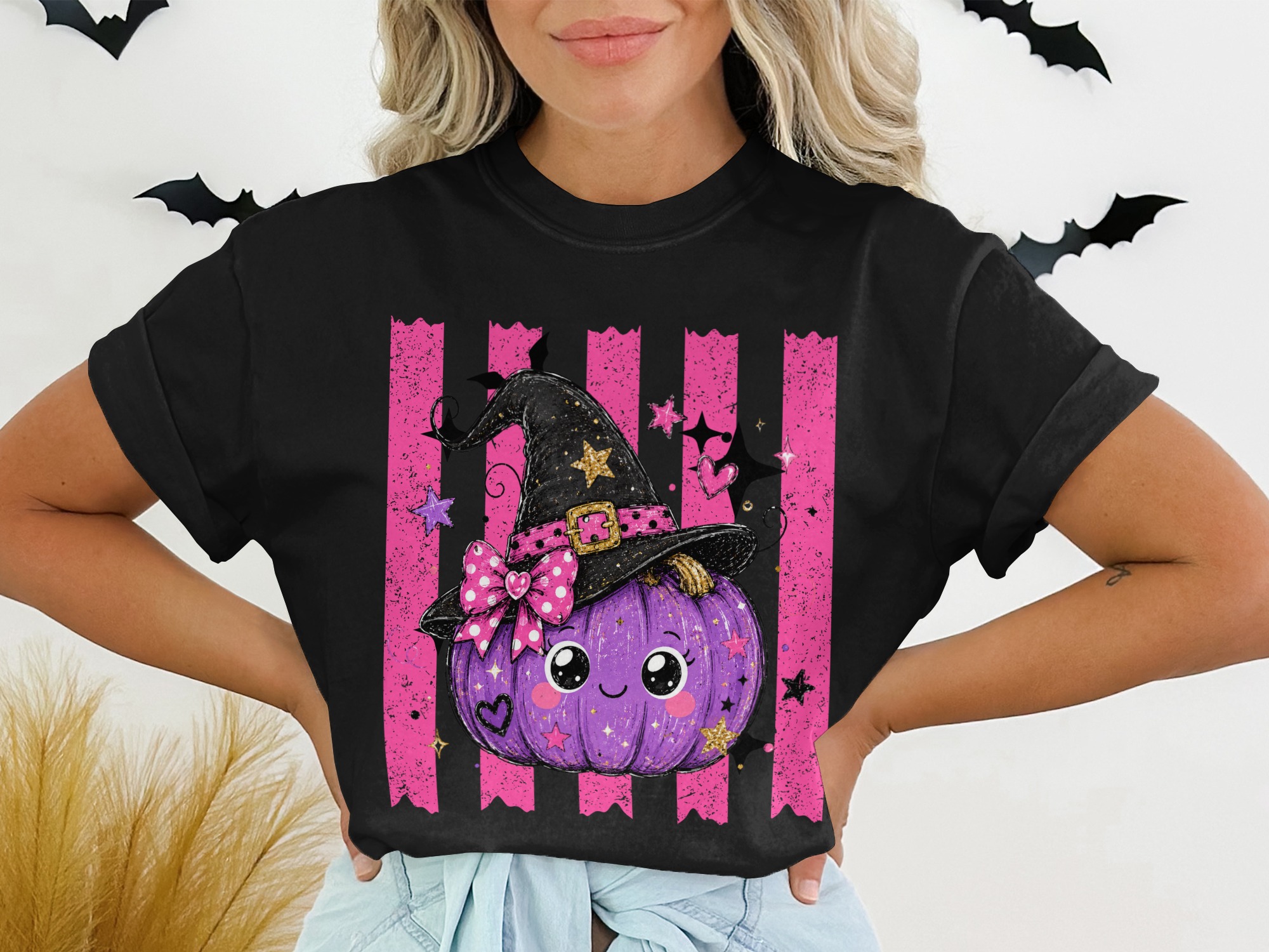 Cute Witch Pumpkin T-Shirt | Adorable Halloween Shirt for Women & Girls | Spooky Season Tee Gift Idea - Image 2