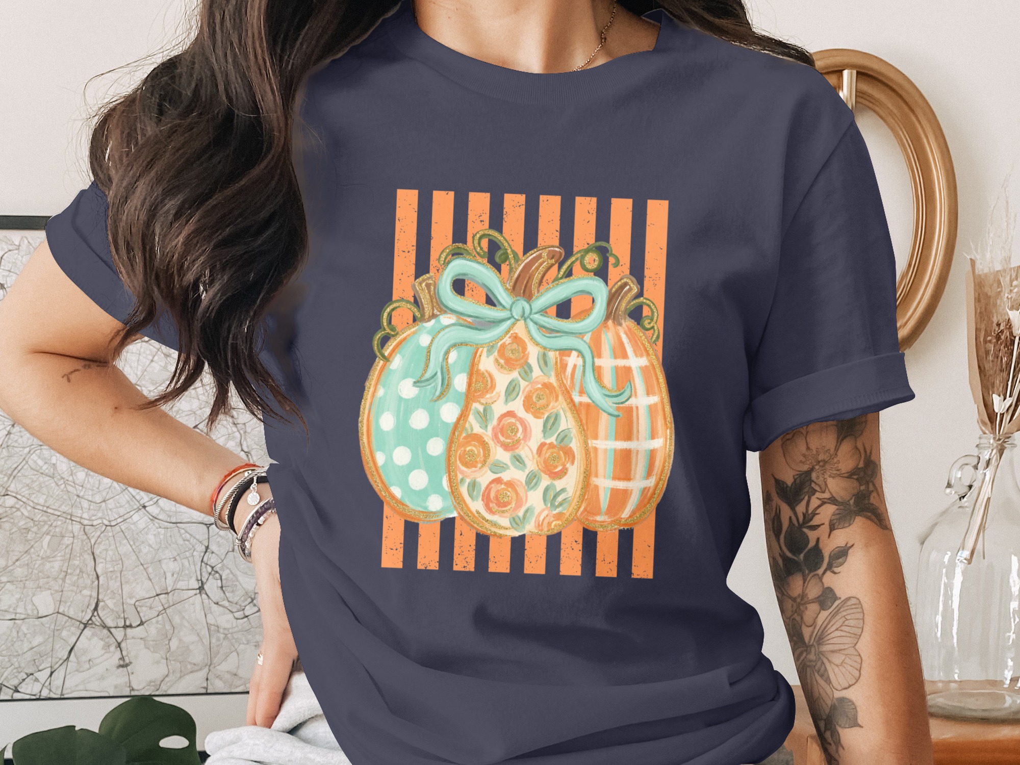 Cozy Autumn Pumpkins T-Shirt | Women's Fall Decor Graphic Tee with Faux Gold Outline & Teal Bow for Harvest Season - Image 10
