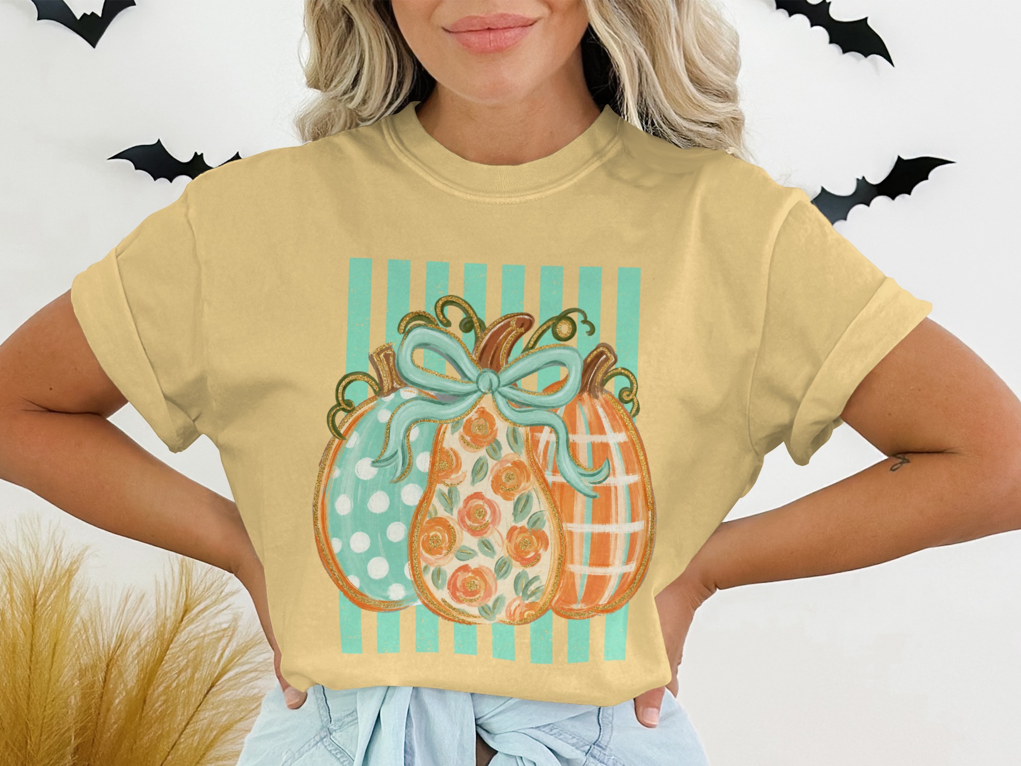 Cute Autumn Pumpkin T-Shirt | Fall Season Floral Polka Dot Plaid Pumpkins Tee | Trendy Harvest Festival Design Top - Image 13