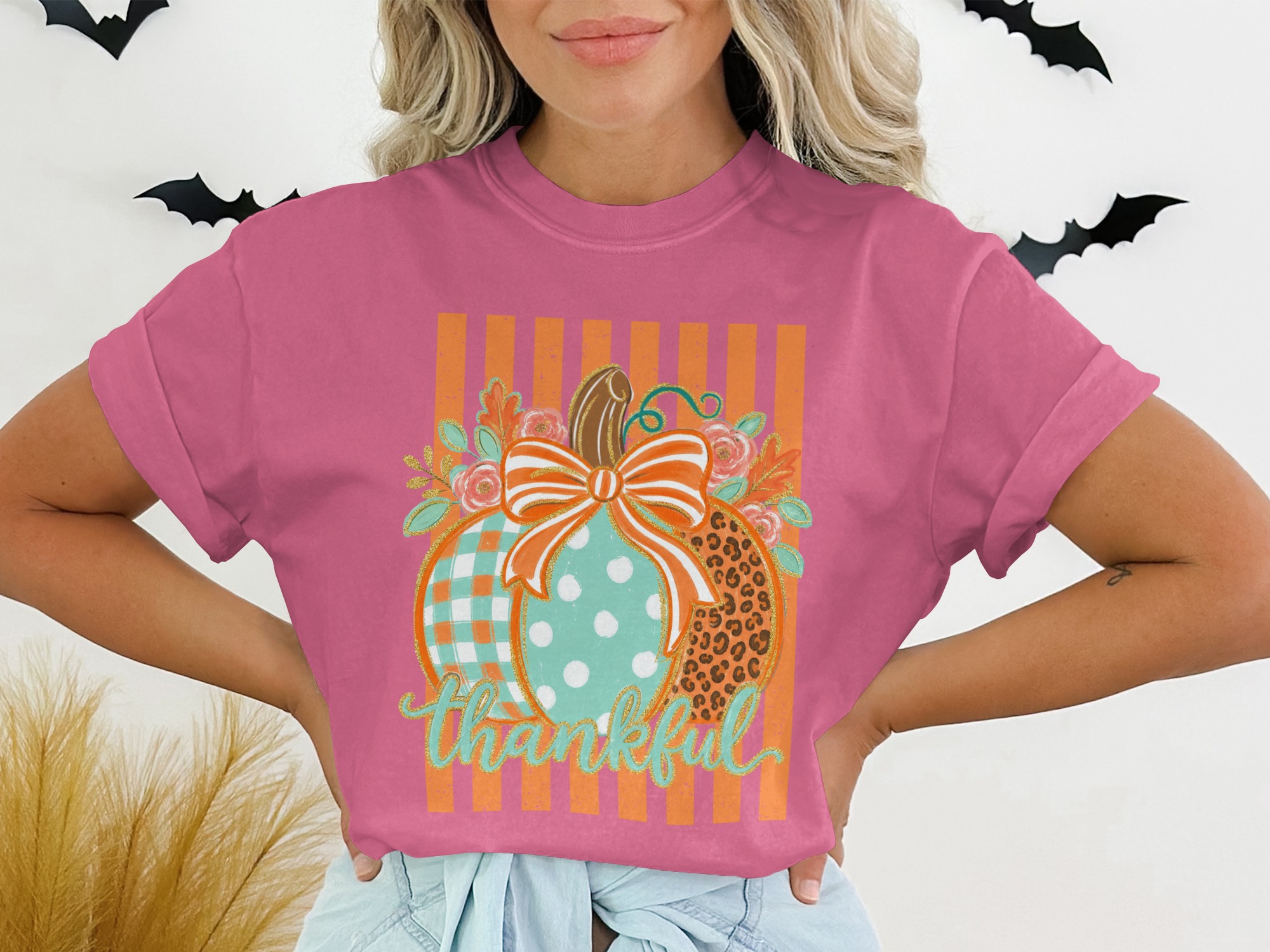 Thankful Pumpkin Patch Fall T-Shirt, Boho Leopard Gingham Polka Dot Autumn Harvest Thanksgiving Graphic Tee for Women - Image 12