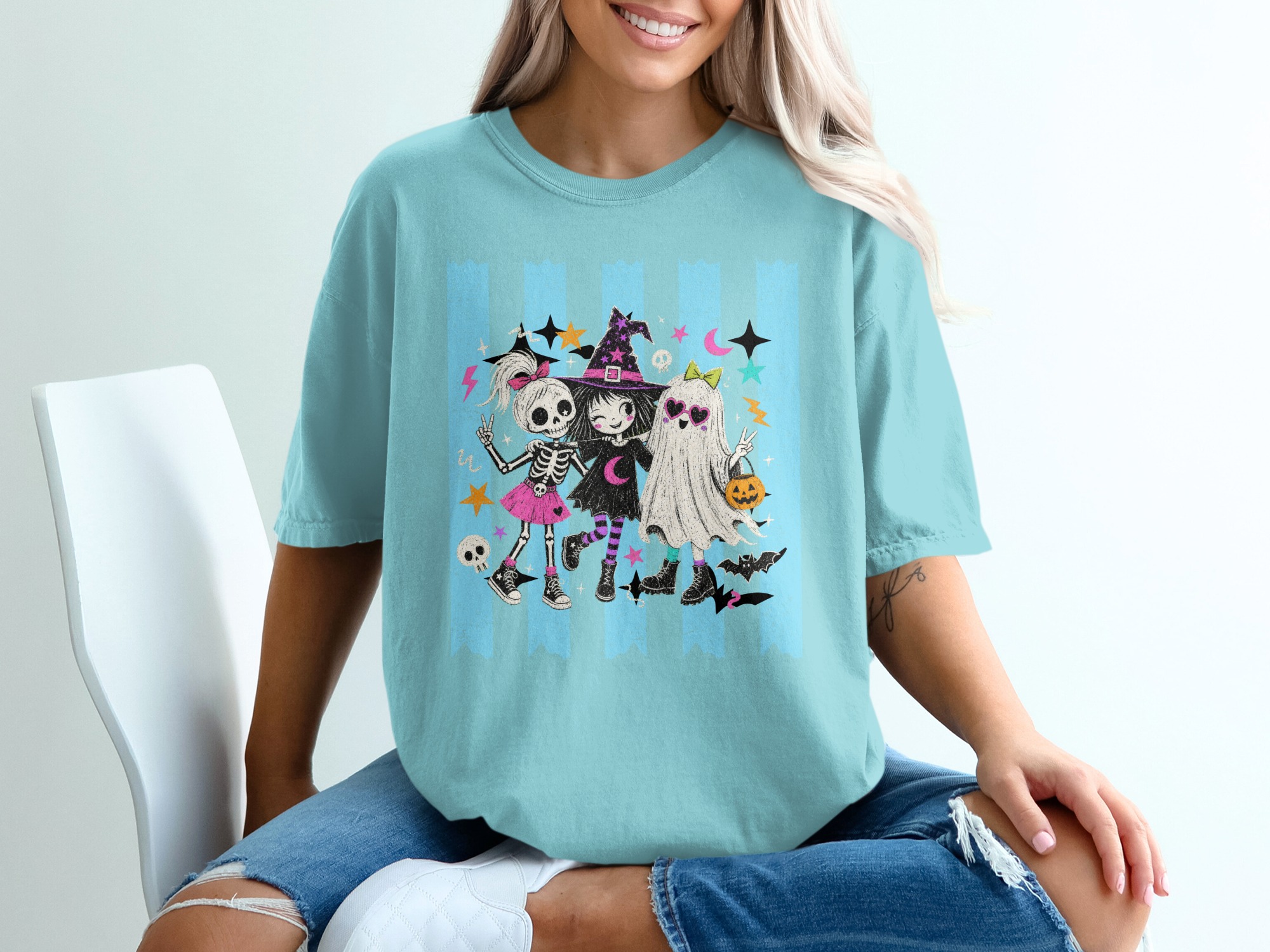 Cute Halloween Besties T-Shirt | Spooky Friends Witch Ghost Skeleton Tee | Kawaii Pastel Goth Graphic Shirt Gift - Image 4