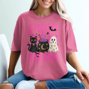 Spooky Cute Halloween T-Shirt | Y2K Witchy Cat Ghost Cauldron Design | Egirl Fall Pink Stripe Graphic Tee for Teen Girls Women Gift