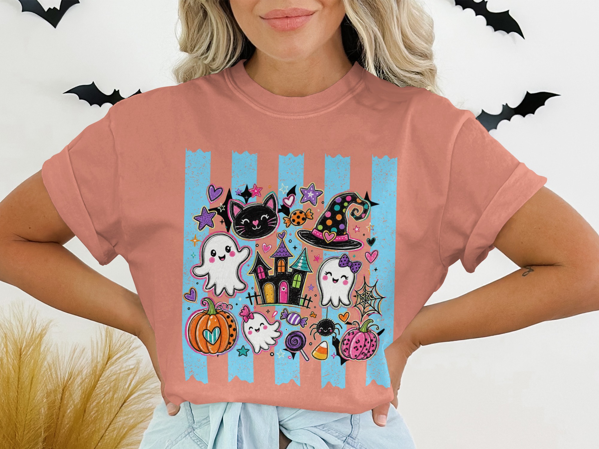Cute Halloween Spooky Ghost T-Shirt, Kawaii Black Cat Witch Hat Pumpkin Tee, Whimsical Trick or Treat Kids & Adult Gift - Image 3