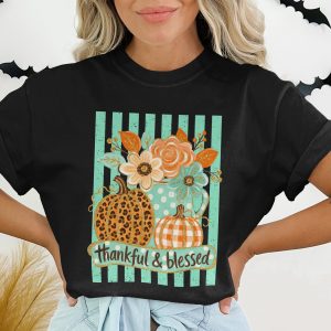 Thankful Blessed Pumpkin T-Shirt | Boho Farmhouse Fall Apparel | Cozy Leopard Plaid Autumn Graphic Tee | Thanksgiving Hostess Gift