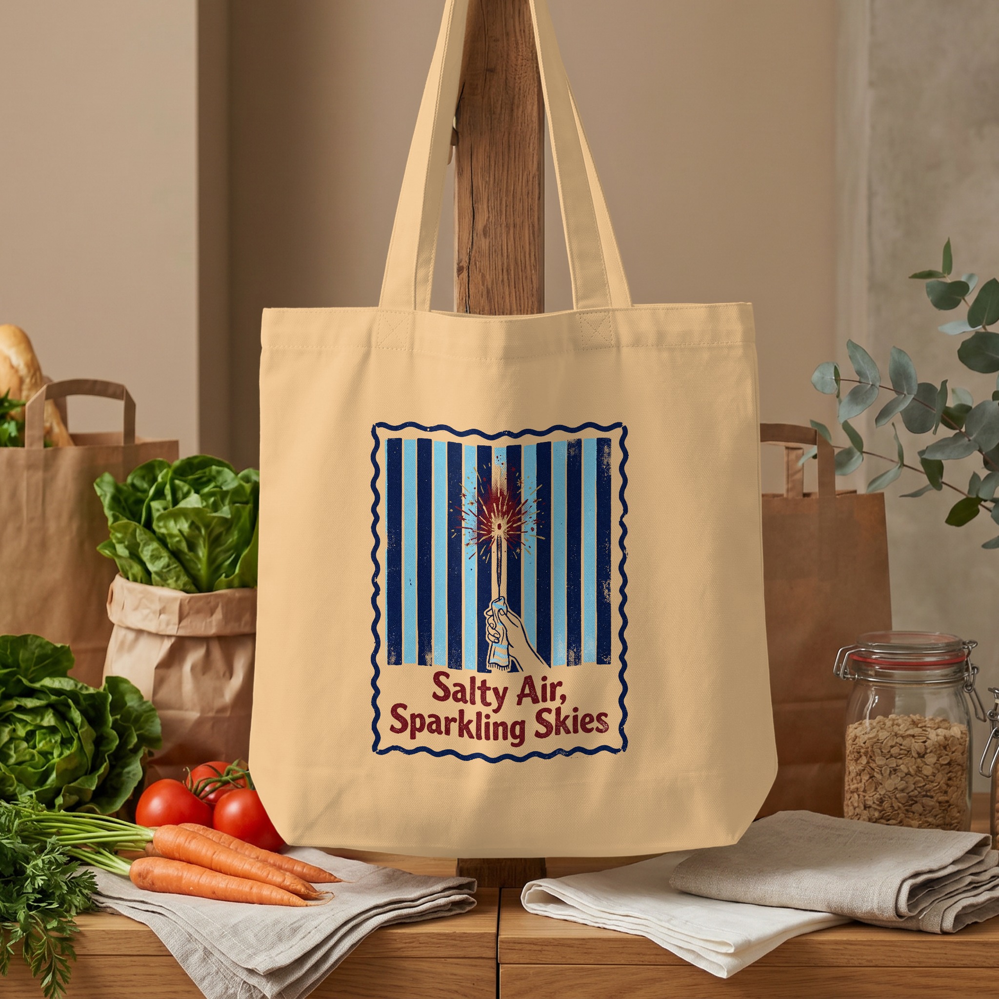 Salty Air Sparkling Skies Tote Bag, Vintage Beach Summer Vacation Market Tote, Coastal Aesthetic Shopper Gift - Image 4