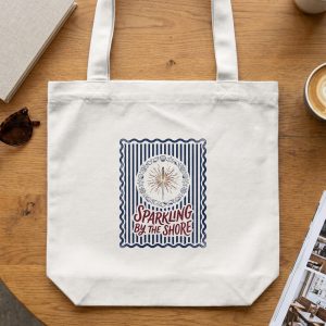 Sparkling By The Shore Tote Bag, Coastal Nautical Summer Beach Vacation Canvas Bag, Ocean Theme Gift for Her