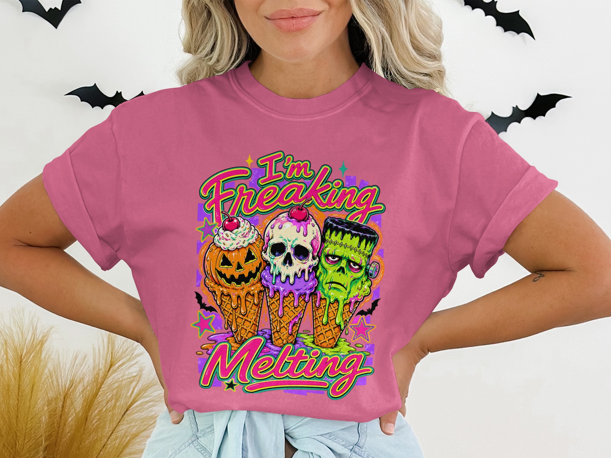 Freaking Melting Monster Ice Cream Shirt, Spooky Halloween Graphic Tee, Cute Gothic Horror Top, October Spooky Season Outfit T-Shirt - Image 6