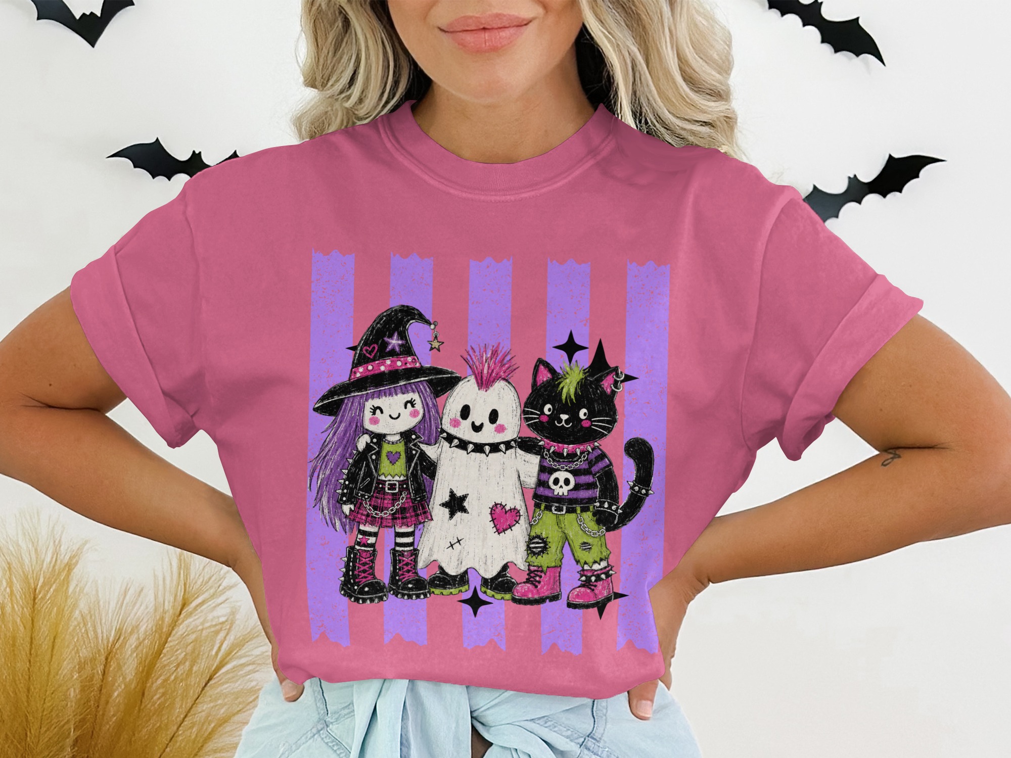 Spooky Cute Goth Friends T-Shirt, Pastel Punk Rock Witch Ghost Cat Halloween Shirt, Alternative Aesthetic Crewneck Tee - Image 13