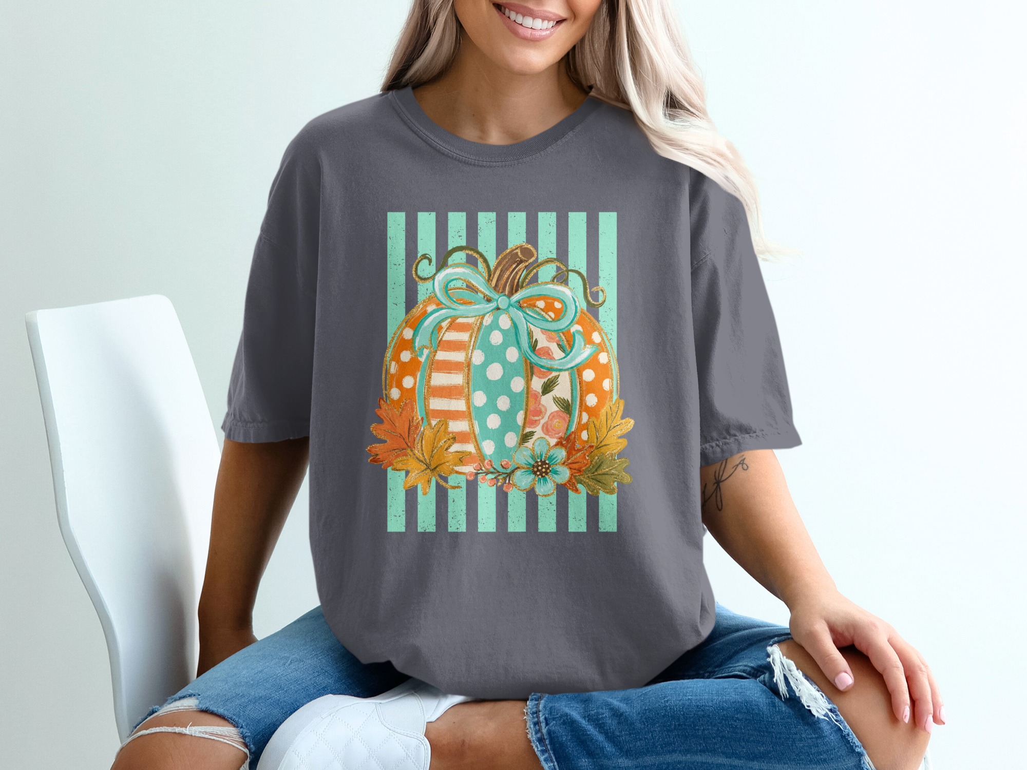 Cute Whimsical Fall Pumpkin T-Shirt, Patchwork Polka Dot Autumn Tee, Unique Thanksgiving Harvest Season Top - Image 4