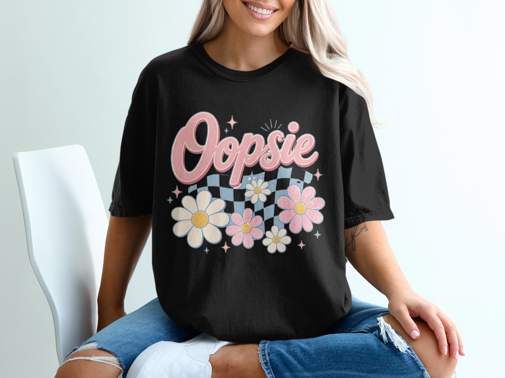 Oopsie Shirt, Comfort Colors ® Retro Daisy Flower T-Shirt, Y2K Aesthetic Checkered Graphic Tee, Indie Pastel Floral Shirt, Gift For Her - Image 2