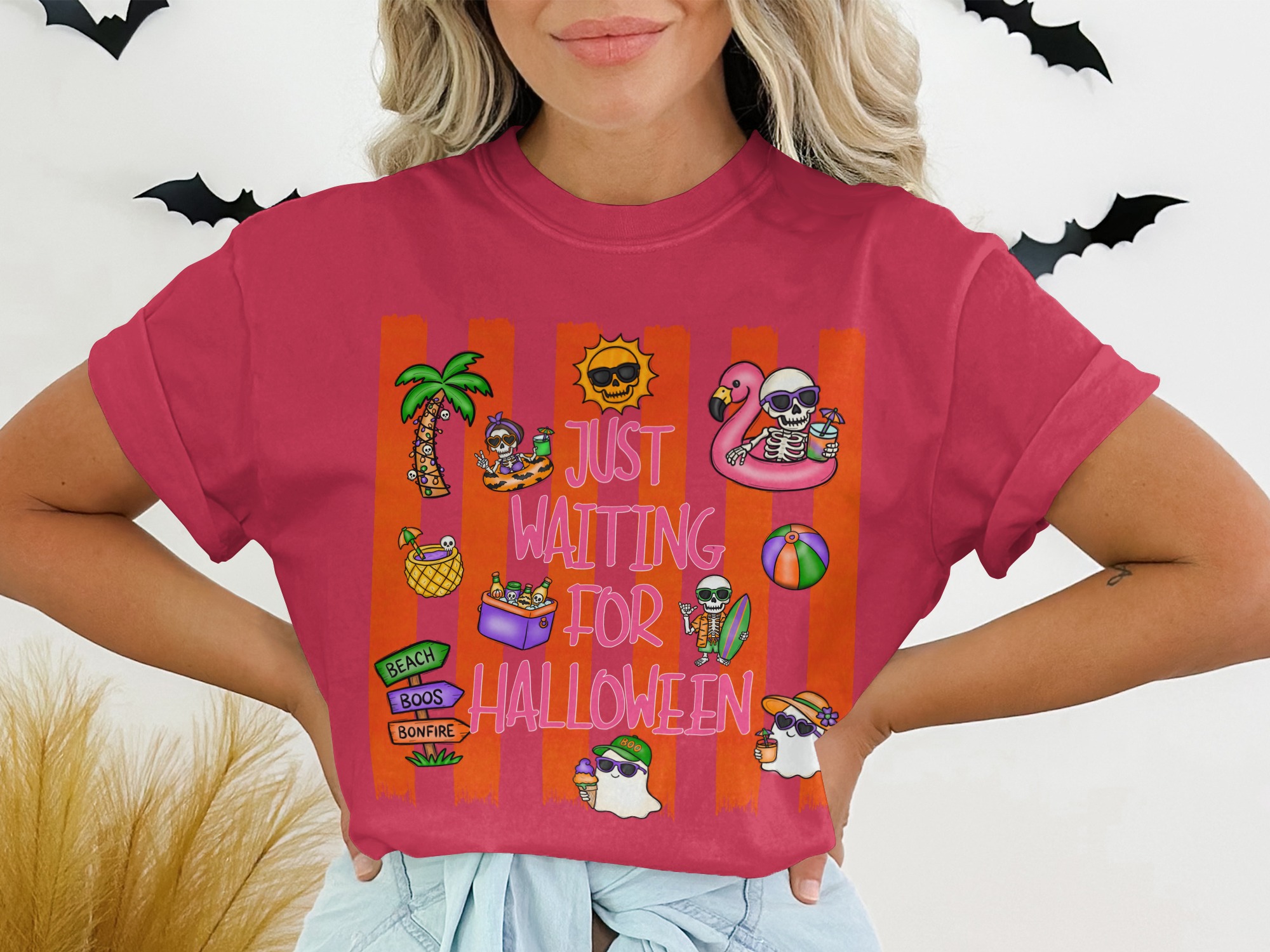 Just Waiting For Halloween Beach Vacation T-Shirt, Spooky Season Summer Vibes Shirt, Cute Skeleton Ghost Tee - Image 5