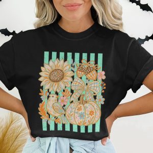 Cottagecore Autumn Pumpkin Sunflower Bird T-Shirt, Whimsical Fall Graphic Tee, Boho Pastel Rustic Thanksgiving Outfit Gift for Her