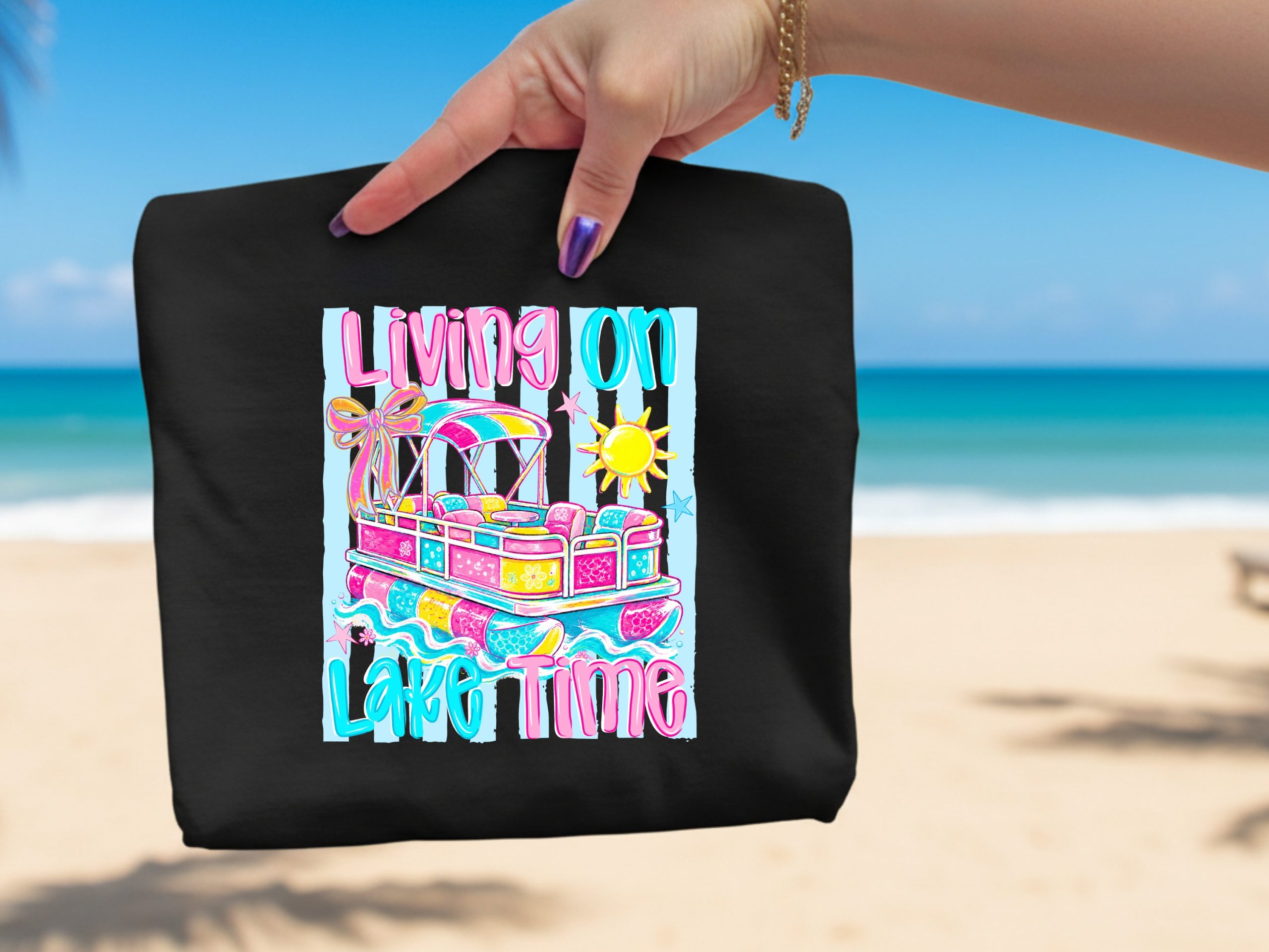 Living On Lake Time T-Shirt, Comfort Colors Lake Life Tee, Pontoon Boat Summer Vacation Shirt, Preppy Lake Girl Gift - Image 2