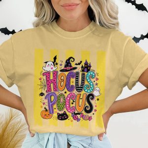 Hocus Pocus Halloween T-Shirt | Cute Spooky Season Witch Tee with Ghosts, Pumpkin, Black Cat & Bats | Fall Party Top for Women