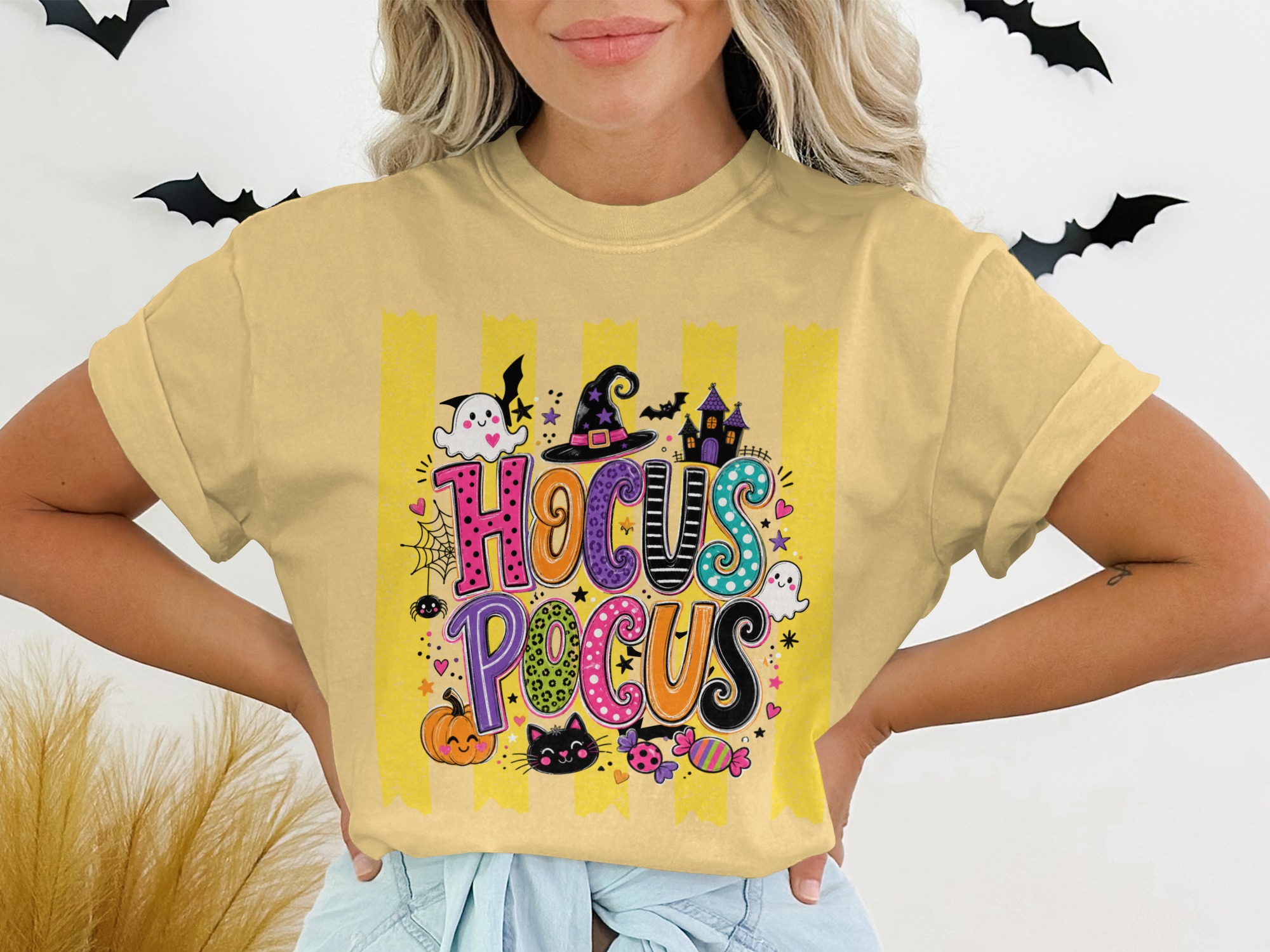 Hocus Pocus Halloween T-Shirt | Cute Spooky Season Witch Tee with Ghosts, Pumpkin, Black Cat & Bats | Fall Party Top for Women