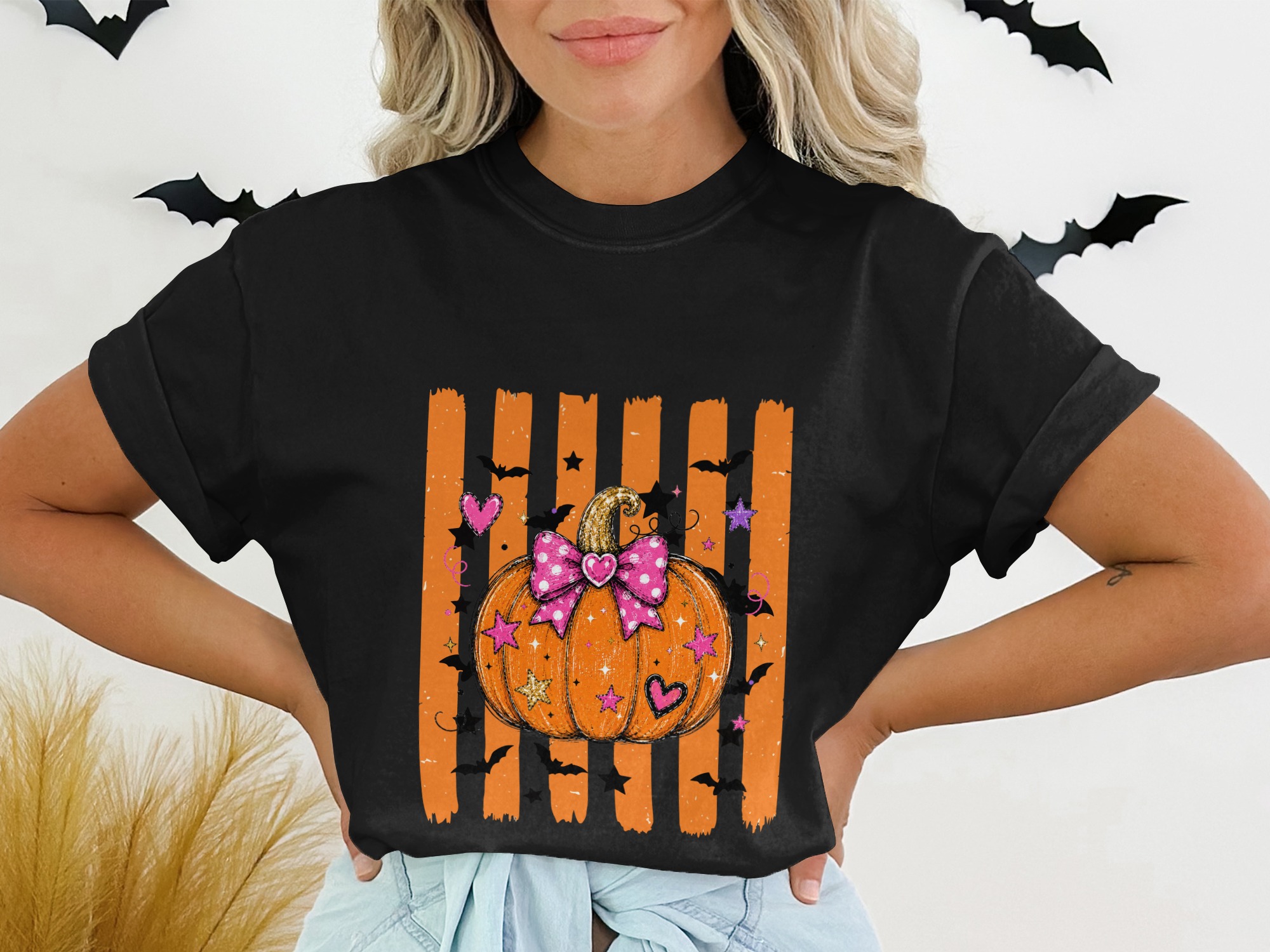 Cute Spooky Pumpkin T-Shirt, Halloween Vibes Tee, Sweet Fall Aesthetic Shirt, Pink Bow Pumpkin & Bats Top - Image 2