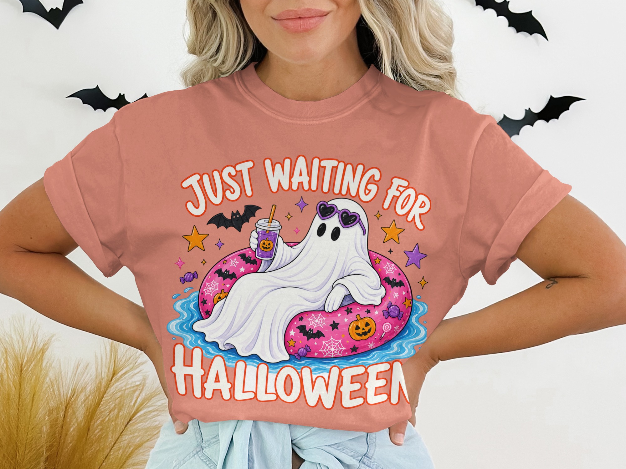 Cute Ghost T-Shirt | Just Waiting For Halloween Pool Float Shirt | Spooky Season Tee | Funny Ghost with Sunglasses | Fall Apparel - Image 2