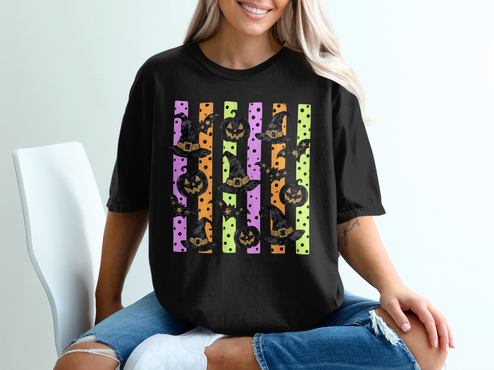 Comfort Colors ® Spooky Cute Halloween T-Shirt, Faux Glitter Witch Hat Bat Pumpkin Design, Retro Stripes Polka Dot Women's Fall Tee - Image 4