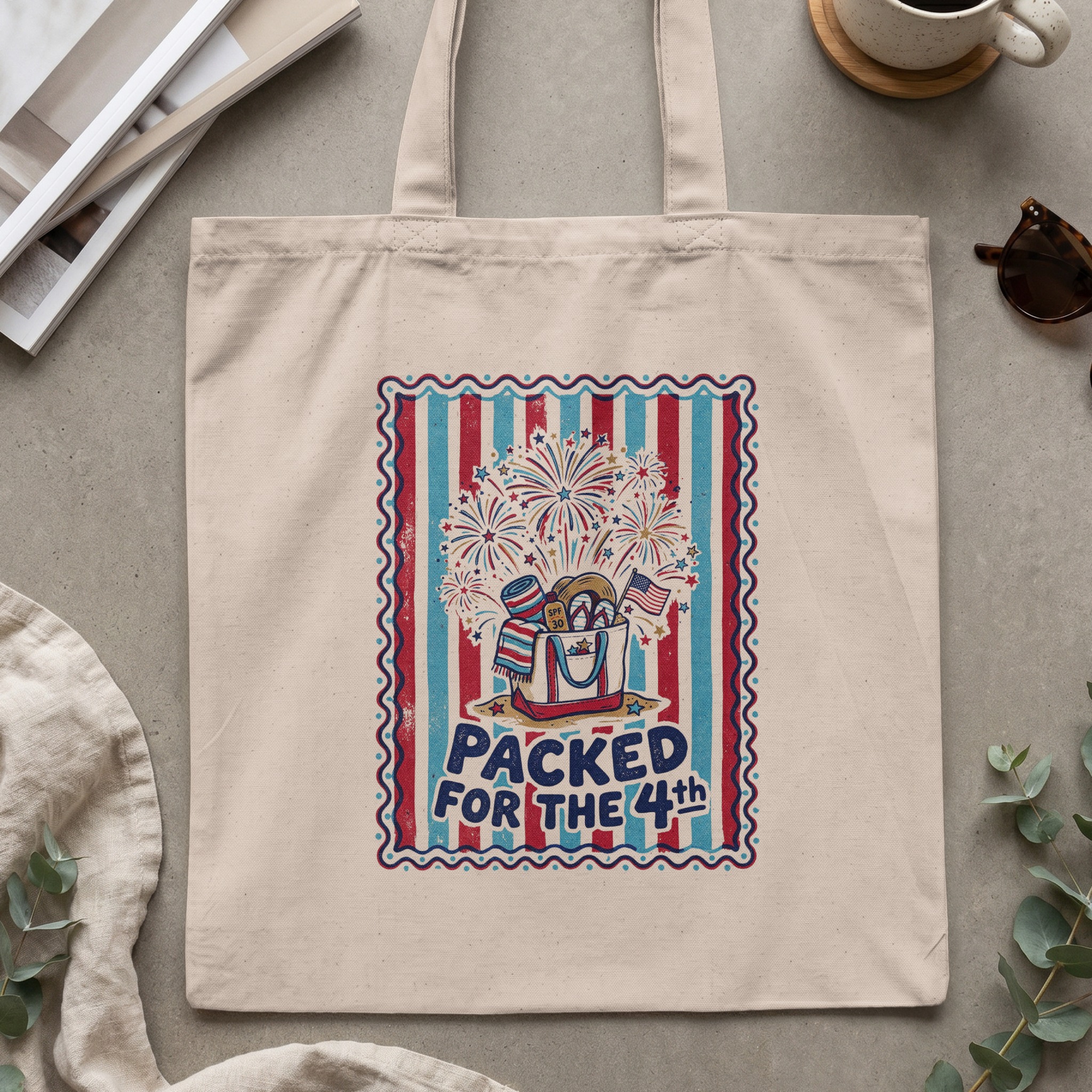 Packed for the 4th Tote Bag | Patriotic July Fourth Beach Bag | Vintage Americana Summer Tote Gift | Independence Day Firework Reusable Bag - Image 2
