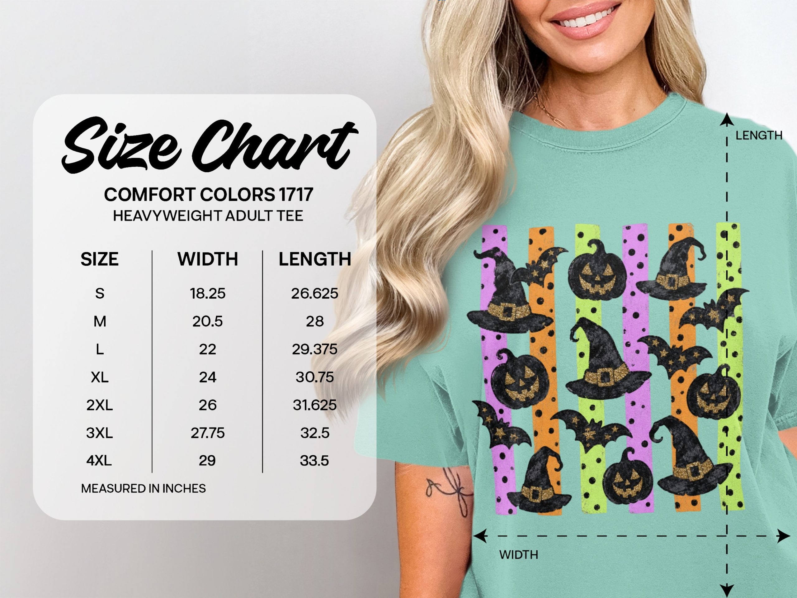 Comfort Colors ® Spooky Cute Halloween T-Shirt, Faux Glitter Witch Hat Bat Pumpkin Design, Retro Stripes Polka Dot Women's Fall Tee - Image 3
