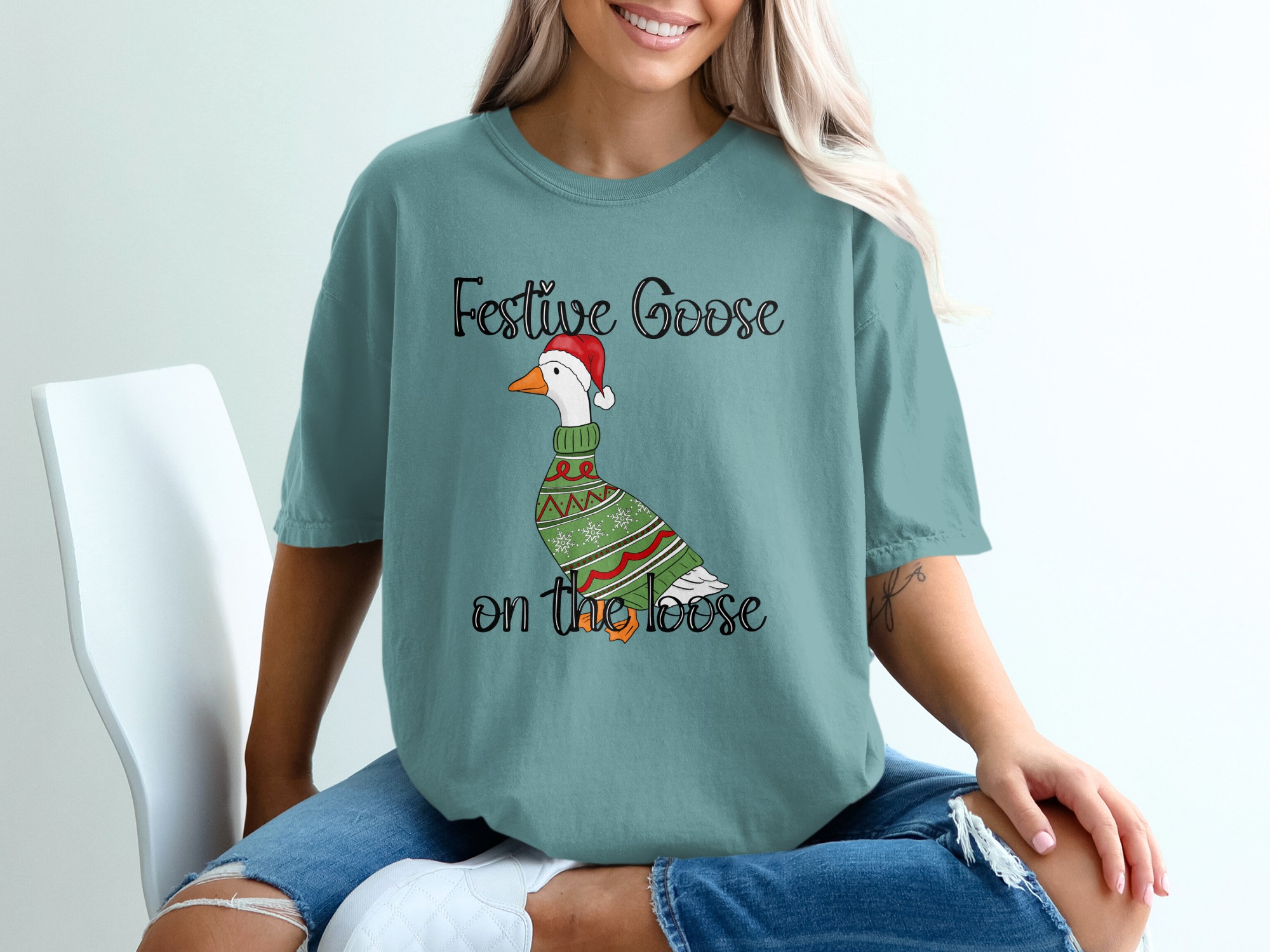 Festive Goose On The Loose T-Shirt, Funny Christmas Goose Shirt, Ugly Sweater Holiday Party Tee, Xmas Gift for Her Him Friend