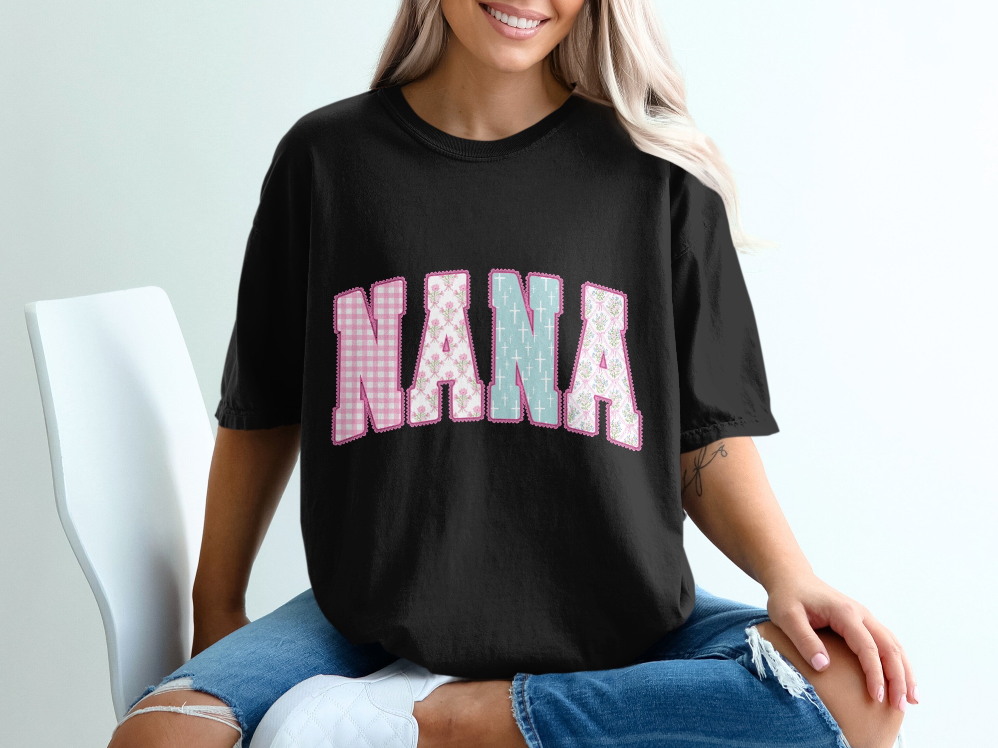 Nana Shirt, Floral Gingham Christian Cross, Faux Lace Grandparent T-Shirt, Comfort Colors ®, Mother's Day Gift for Nana, Grandma Tee - Image 2