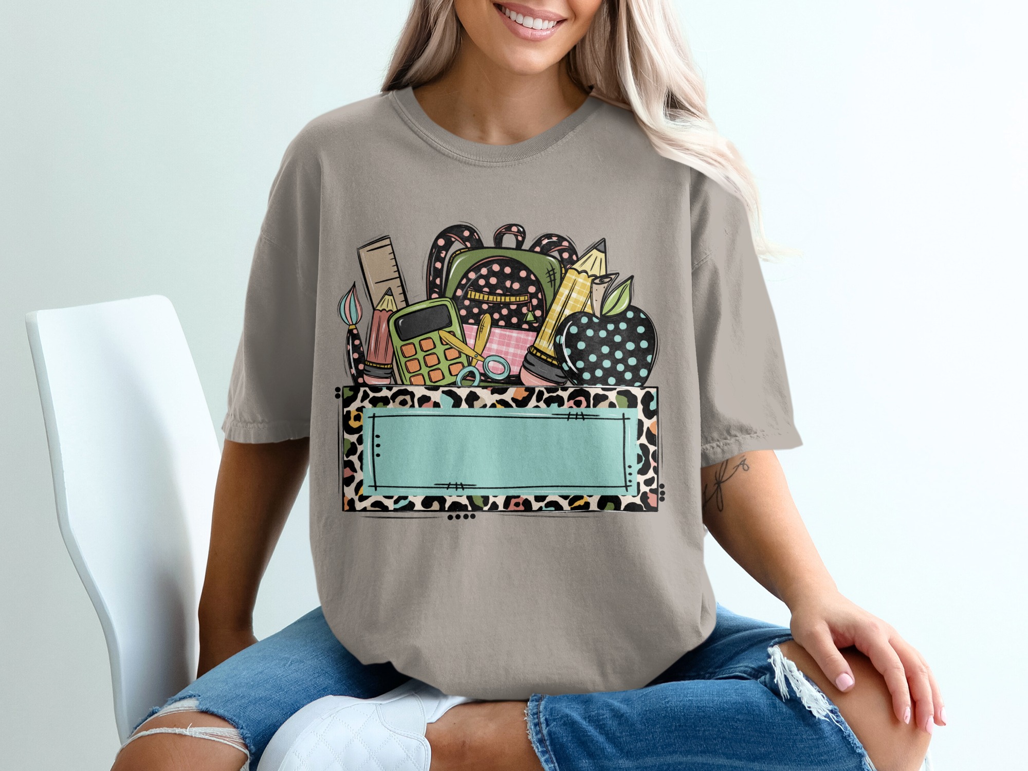 Custom Teacher School Supplies T-Shirt | Personalized Educator Gift, Back to School, Leopard Print Top - Image 11